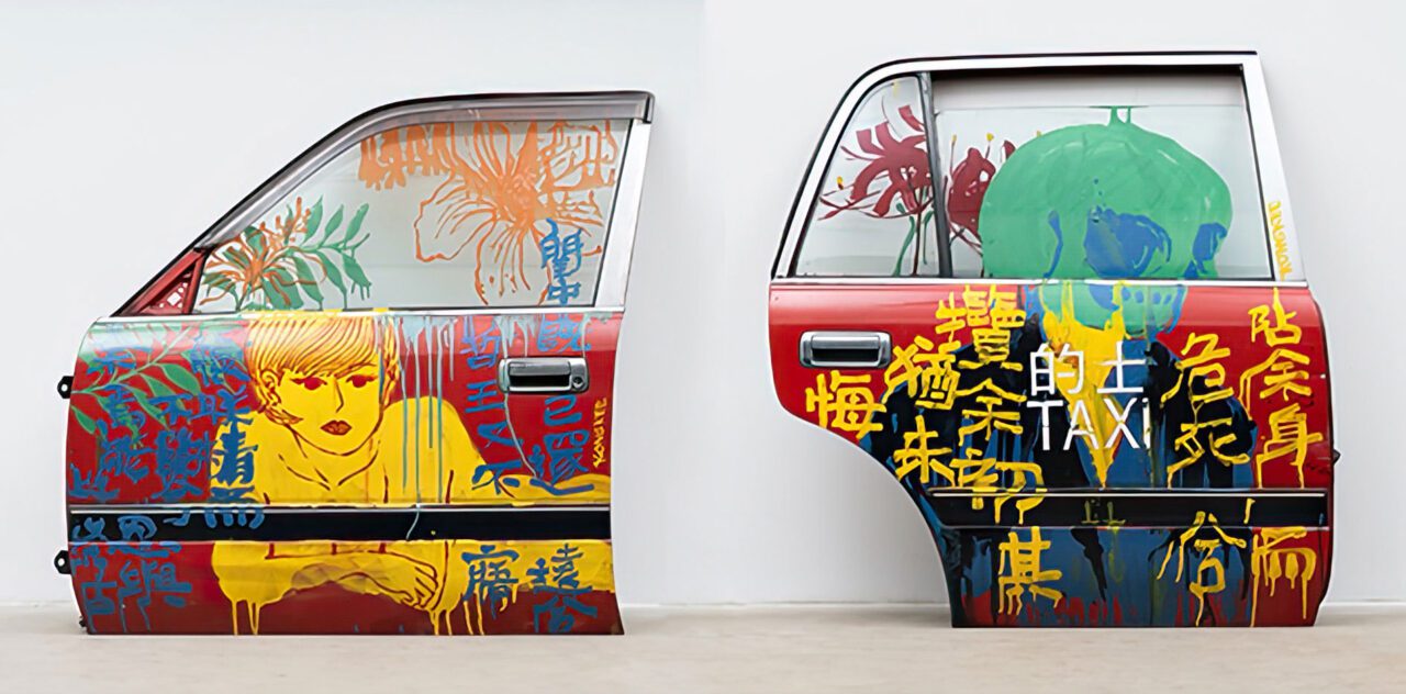 Kongkee, Left: BE A BETTER PERSON, 2018, Right: NEVER BE REGRETTED, 2018, Enamel paint, acrylic paint on readymade taxi door, H114×W120×D17cm, H112×W107×D17cm, set of two, collection of the artist, © KongkeeImage courtesy of the artist, gdm & 21st Century Museum of Contemporary Art Kanazawa 