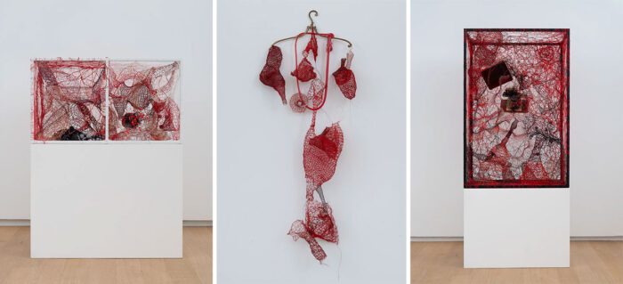Photo Left: Chiharu Shiota, Inside Memory, 2025 Mixed media, 45 x 45 x 80 cm, 17 3/4 x 17 3/4 x 31 1/2 inches, © Chiharu Shiota, Courtesy the artist and Templon Gallery. Photo Center: Chiharu Shiota, Forgotten Memories, 2025 Mixed media, 135 x 55 x 20 cm, 53 1/4 x 21 3/4 x 7 7/8 inches, © Chiharu Shiota, Courtesy the artist and Templon Gallery. Photo Right:  Chiharu Shiota, Inside Memory, 2025 Mixed media, 120 x 80 x 45 cm, 47 1/4 x 31 1/2 x 17 3/4 inches, © Chiharu Shiota, Courtesy the artist and Templon Gallery