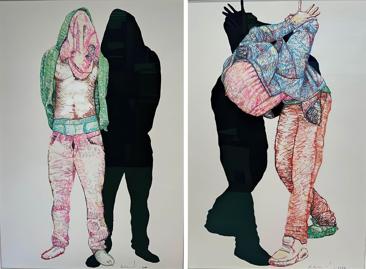 Left: Reza Aramesh. Study for Action 227. N/A, Acrylic paint, archival Daler Rowney Canford paper 150 g/m2, archival board, non-reflective museum glass and wood frame , 85.6 x 59.4 cm. Right: Reza Aramesh. Study for Action 230. N/A, Acrylic paint, archival paper, archival board, non-reflective museum glass and wood frame. 86 x 60 cm 