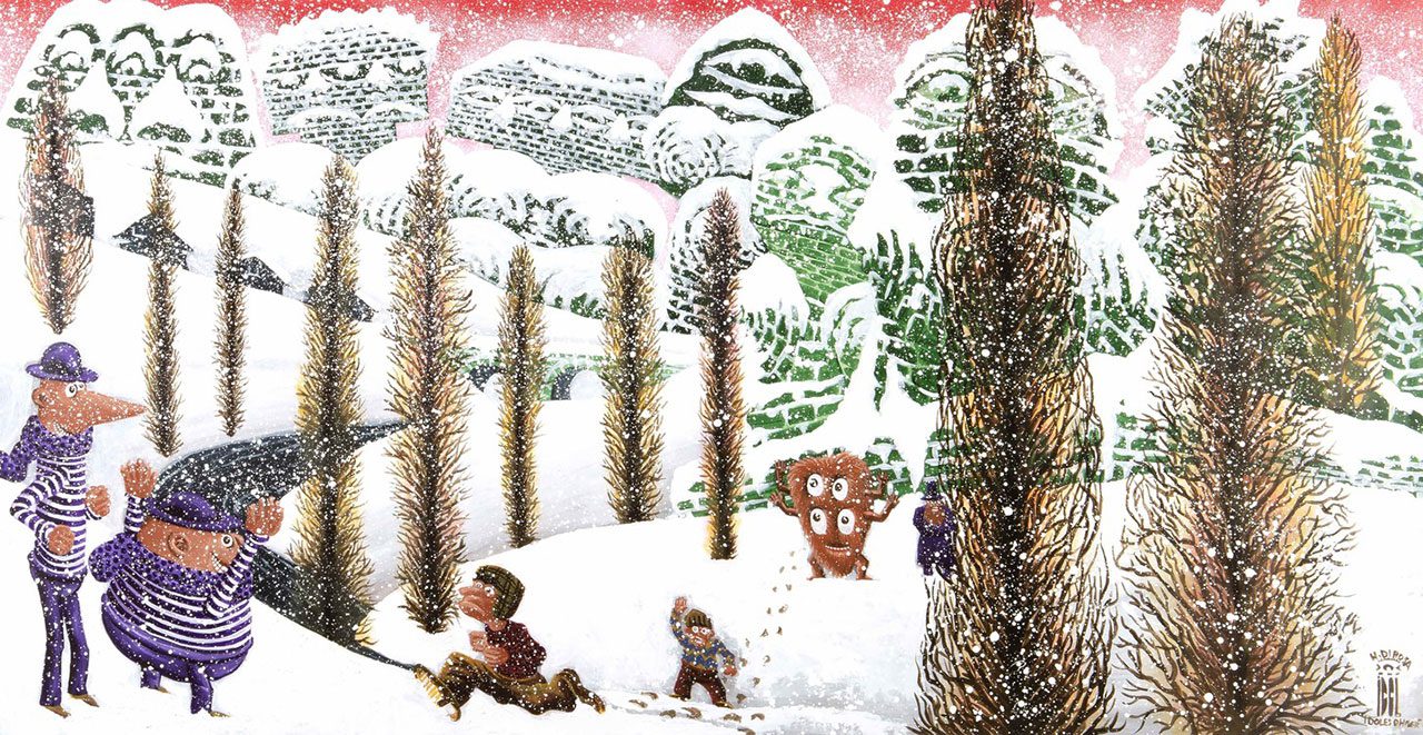 Hervé di Rosa, IDOLES D’HIVER, 2025, Acrylic on canvas, 107 × 205 cm — 42 1/4 × 80 3/4 in, © Hervé di Rosa, Courtesy the artist and Templon Gallery