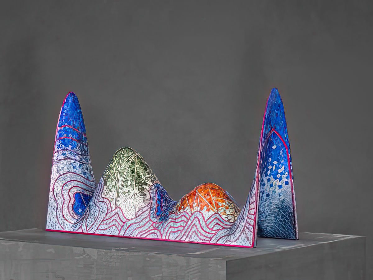 Pooya Aryanpour. Mountain. 2023Kiln-fired dyed glass, mirror fragment and plaster on fiberglass structure with Styrofoam core. 65 x 120 x 35 cm