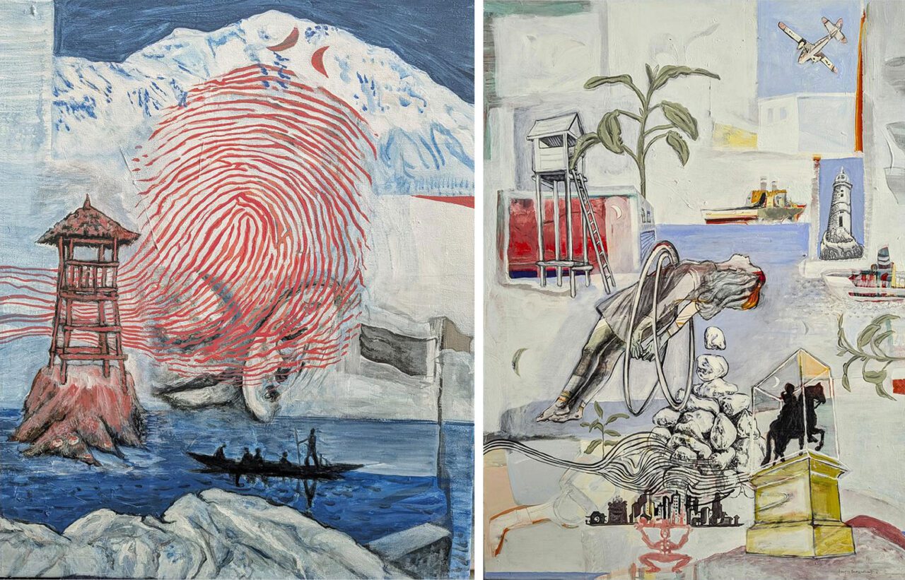 Left: Stavros Panagiotakis, Journey, 2024, , Acrylics, ink and pastel on canvas, 70 Χ 50 cm, © & Courtesy Stavros Panagiotakis Right: Panagiotakis, Overlays, 2023, Acrylics, ink and pastel on canvas, 129 Χ 90 cm, © & Courtesy Stavros Panagiotakis