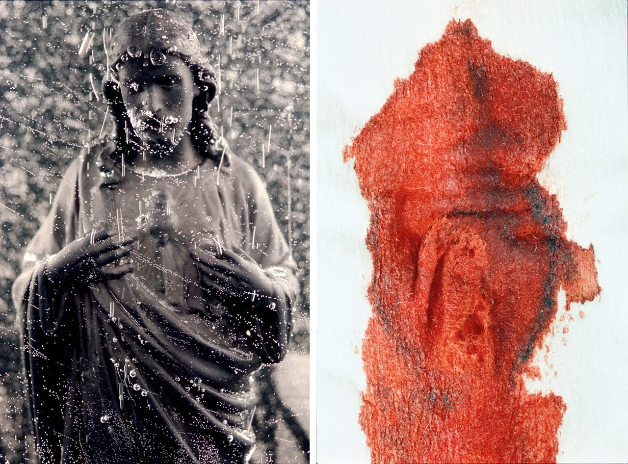 Left: Andres Serrano, Black Jesus (Immersions) , 1990, Chromogenic color prints on archival paper, back-mounted on dibond, glass ant-UV, anti-reflective, wooden frame, 165,1 x 114,3 x 3 cm (65 x 45 x 1 3/16 inches), Edition of 4 + 2 AP, © Andres Serrano, Courtesy the artist and Galerie Nathalie ObadiaRight: Andres Serrano, Red River #3 (Bodily Fluids), 1989, Cibachrome, plexiglass, wooden frame, 165,1 x 114,3 cm (65 x 45 inches), Edition of 4 + 2 AP, © Andres Serrano, Courtesy the artist and Galerie Nathalie Obadia 