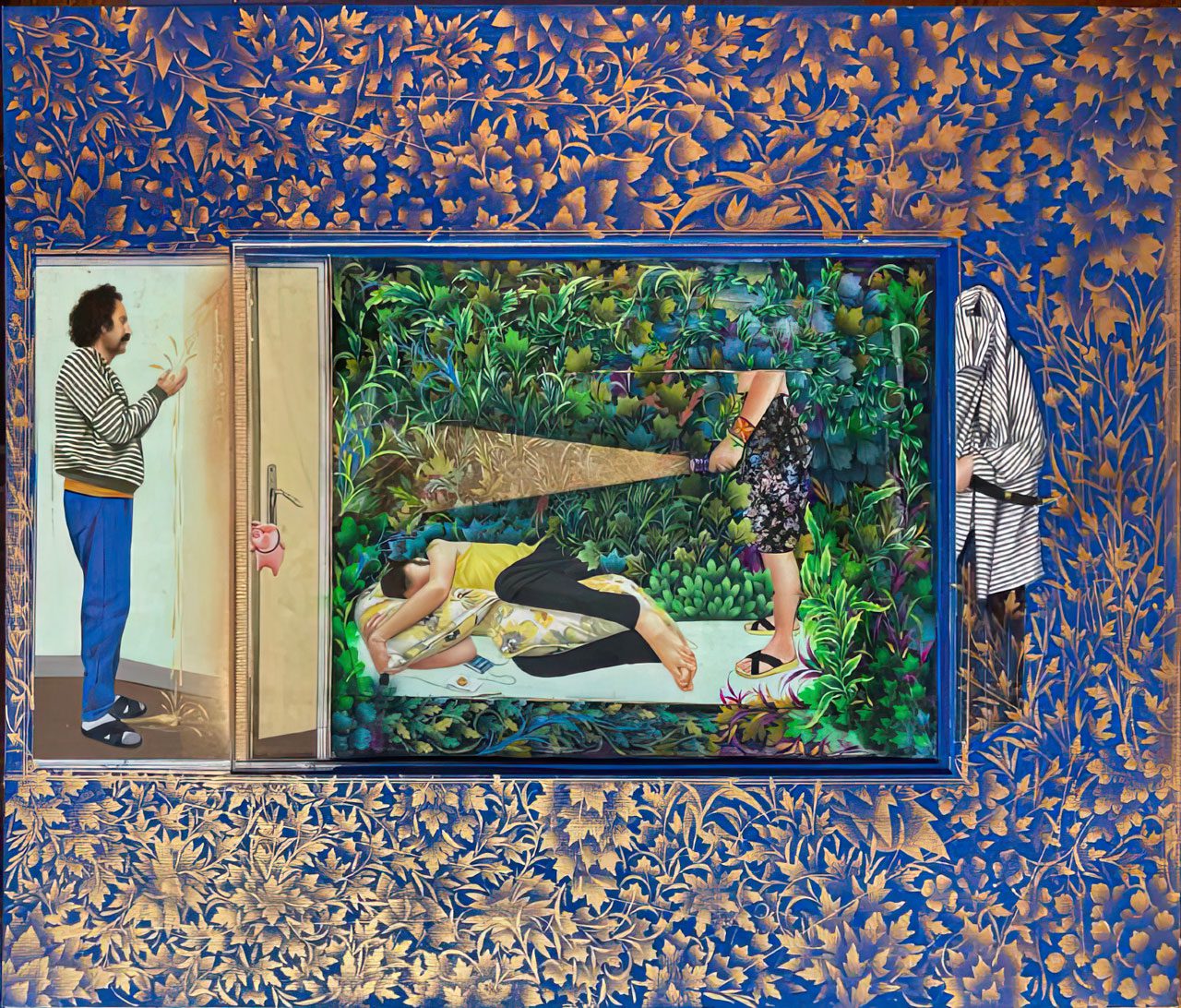 Maryam Ayeen and Abbas Shahsavar. Untitled. 2025Gouache, acrylic and watercolor on cardboard. 38 x 47 cm. with frame: 53 x 68 cm