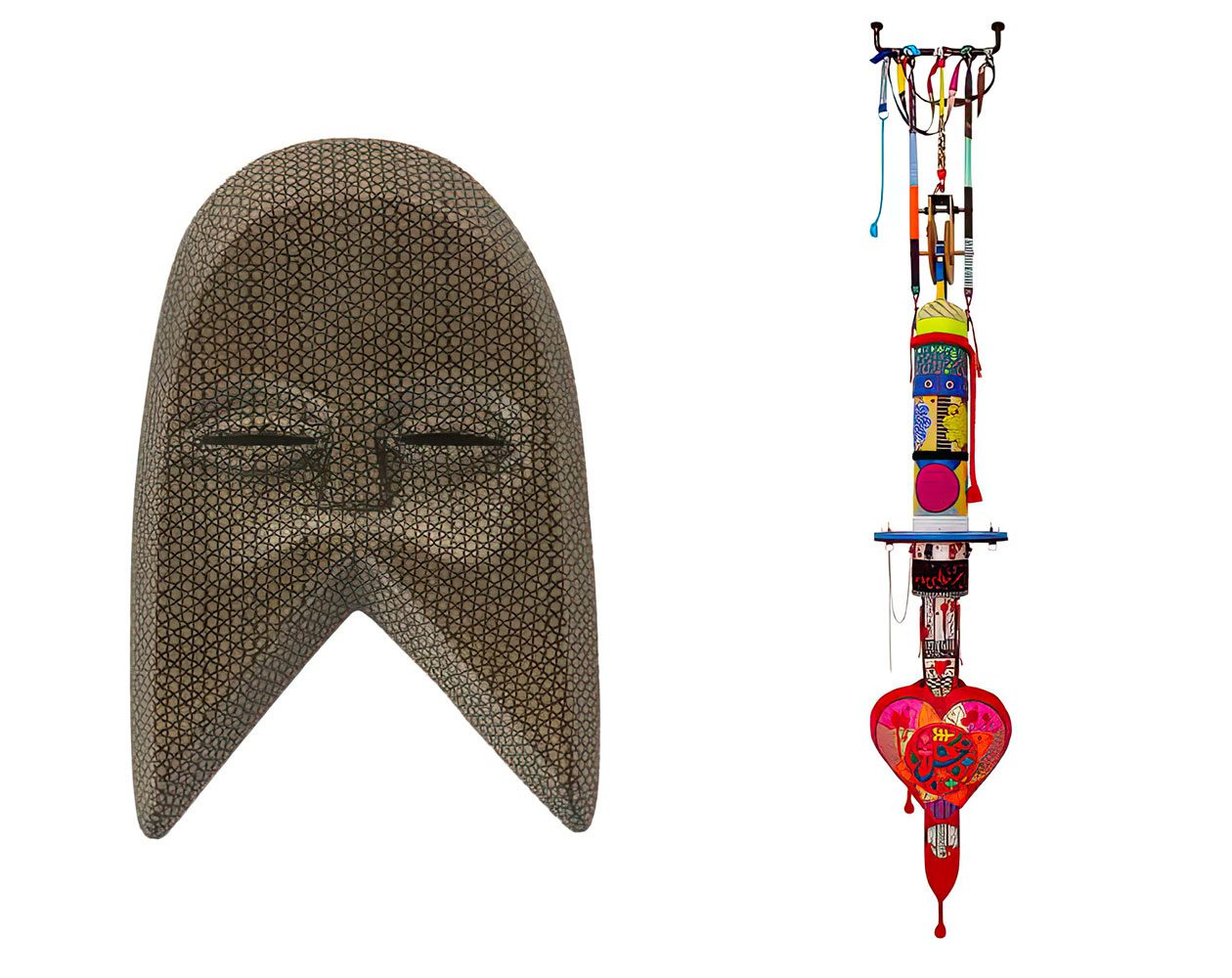 Left: Andisheh Avini. Untitled. 2023, Marquetry and wood. 36.2 x 24.8 x 4.4 cmRight: Homa Delvaray. Sword from ”Khâsh” series. 2022, Steel, wood, fabric, leather, felt, woolen, PVC, silk screen print, digital print, embroidery, ball screws and patchwork, 350 x 60 x 60 cm 
