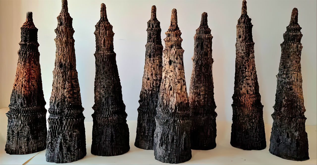 Mohammad Piryaee. Untitled. 2024Ceramic. Group of 8. 80 x 22 x 28 cm