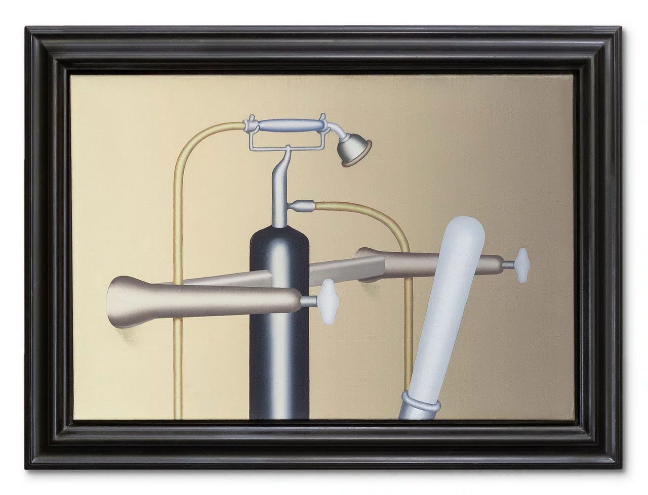 Konrad Klapheck, Die schöne Hausfrau, 1967, oil on canvas, 45 cm × 67.3 cm (17-11/16" × 26-1/2") framed, 58 cm × 80 cm × 5 cm (22-13/16" × 31-1/2" × 1-15/16")