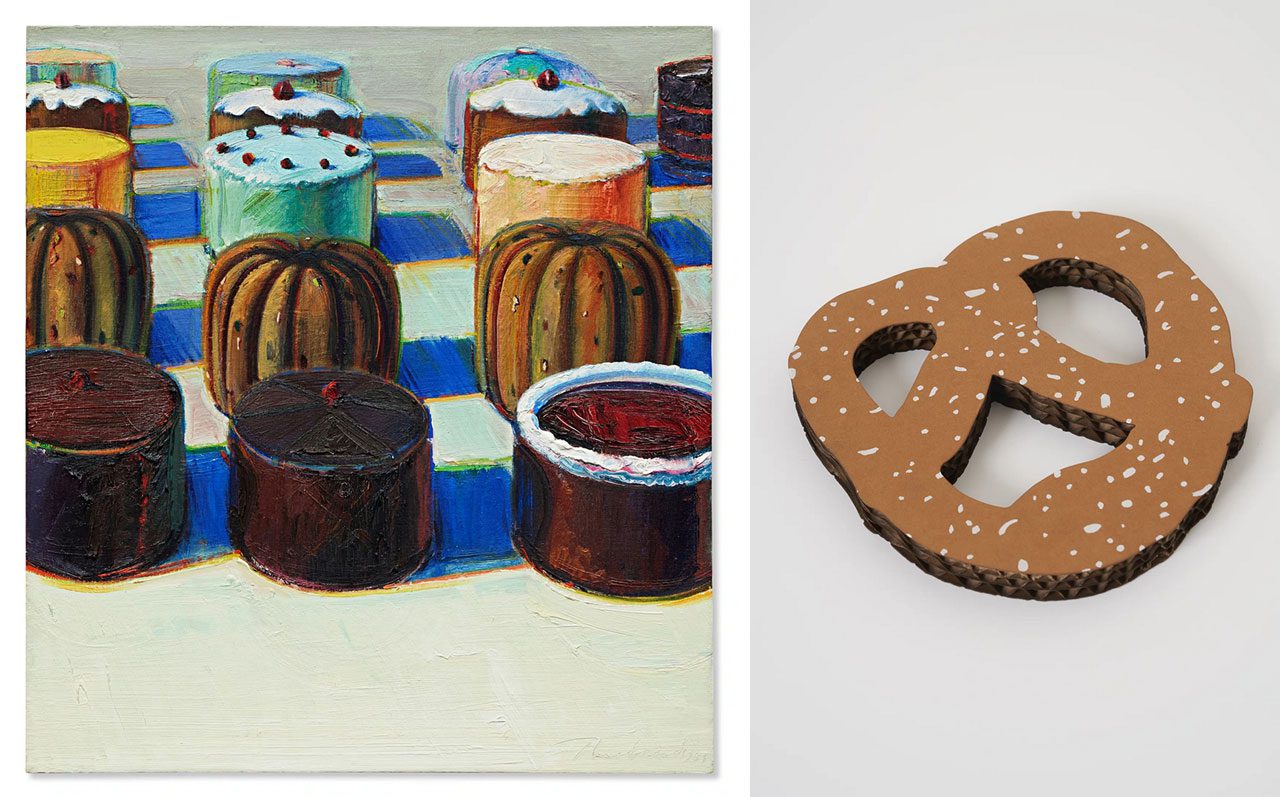 Left: Wayne Thiebaud, Various Cakes, 1981, oil on canvas, 63.5 cm × 58.5 cm (25" × 23-1/16") framed, 83.2 cm × 78.2 cm (32-3/4" × 30-13/16")Right: Claes Oldenburg, N.Y.C. Pretzel, 1994, painted cardboard in plexiglass vitrine, 16.5 cm × 17.1 cm × 1.3 cm (6-1/2" × 6-3/4" × 1/2")
