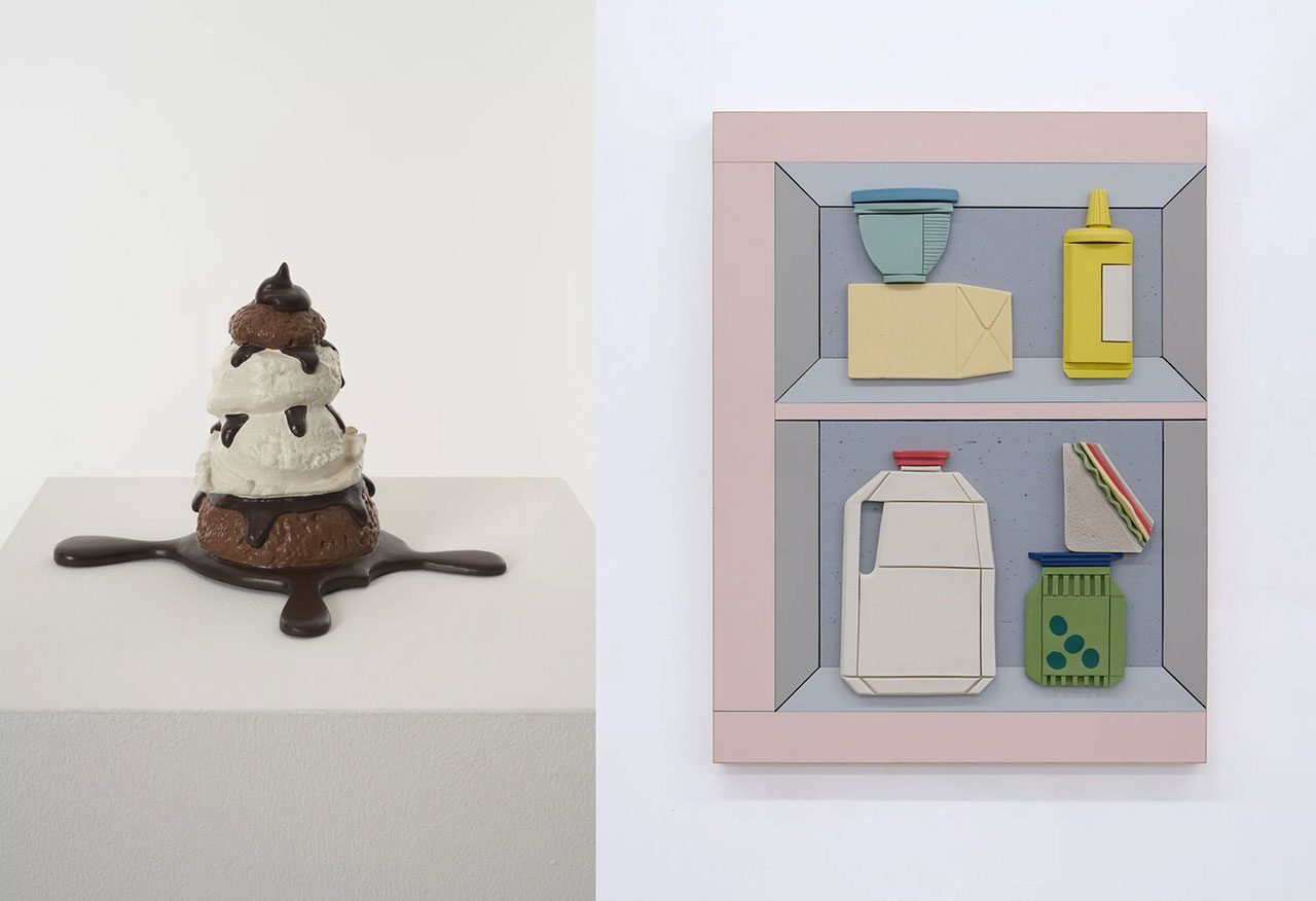 Left: Claes Oldenburg, Profiterole, 1989-90, cast aluminium and brass multiple with latex paint, hand-colouring, 14.6 cm × 23.2 cm × 21.9 cm (5-3/4" × 9-1/8" × 8-5/8")Right: Genesis Belanger, Kitchen Table Issues, 2025, porcelain, veneered plywood and laminate, 29" × 22" × 1-3/4" (73.7 cm × 55.9 cm × 4.4 cm)
