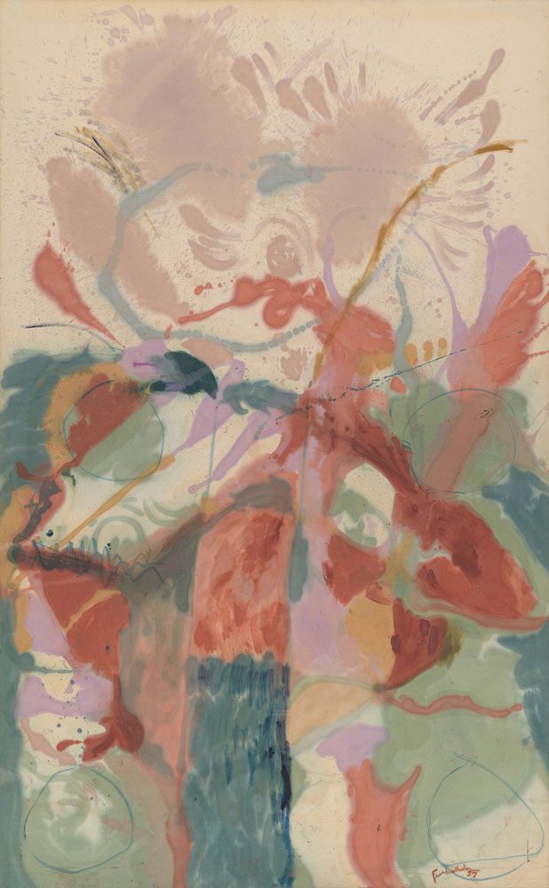 Helen Frankenthaler. Jacob’s Ladder, 1957. Oil on canvas, 9′ 5 3/8″ x 69 7/8″ (287.9 x 177.5 cm). The Museum of Modern Art, New York. Gift of Hyman N. Glickstein. © 2025 Helen Frankenthaler / Artists Rights Society (ARS), New York. Digital Image © 2025 The Museum of Modern Art, New York