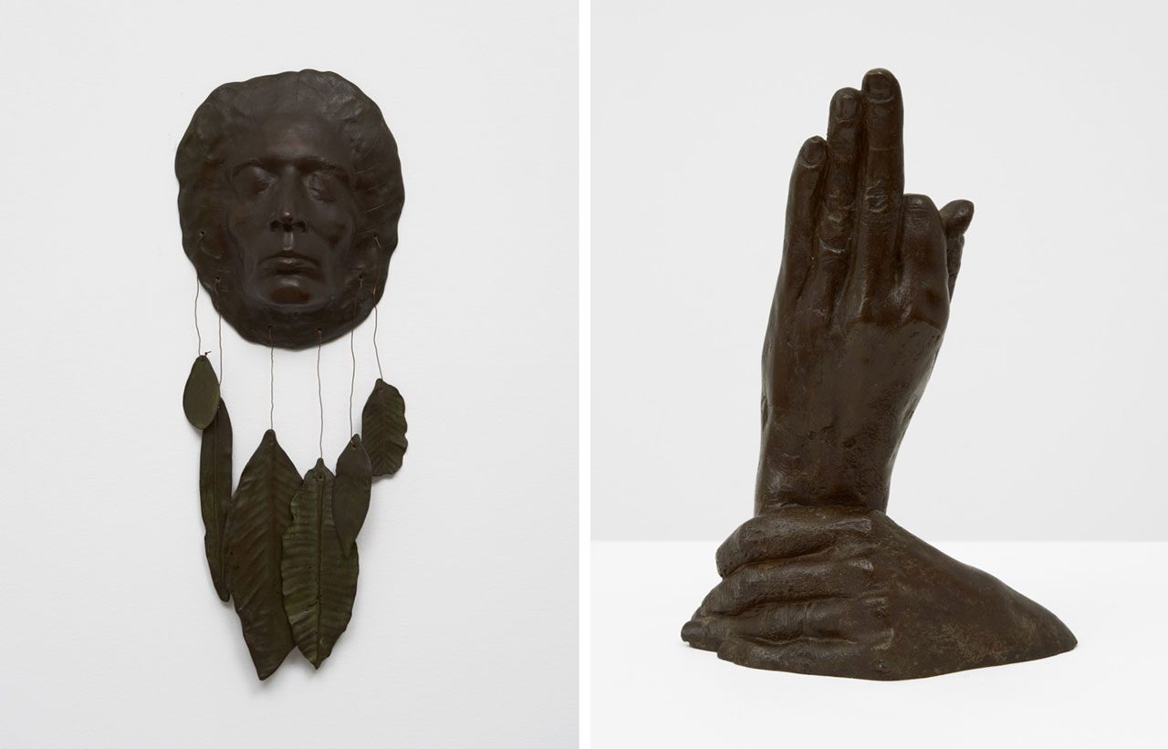 Left: MARISOL, Leaf Woman 1980, Bronze and steel wire, 20½ × 7½ × 3 inches; 52 × 19 × 8 cm, © MARISOL, Courtesy the artist and Matthew Marks GalleryRight: Marisol, Hand Holding Hand c. 1985, Bronze, 9⅛ × 6¼ × 4 inches; 23 × 16 × 10 cm, © MARISOL, Courtesy the artist and Matthew Marks Gallery 