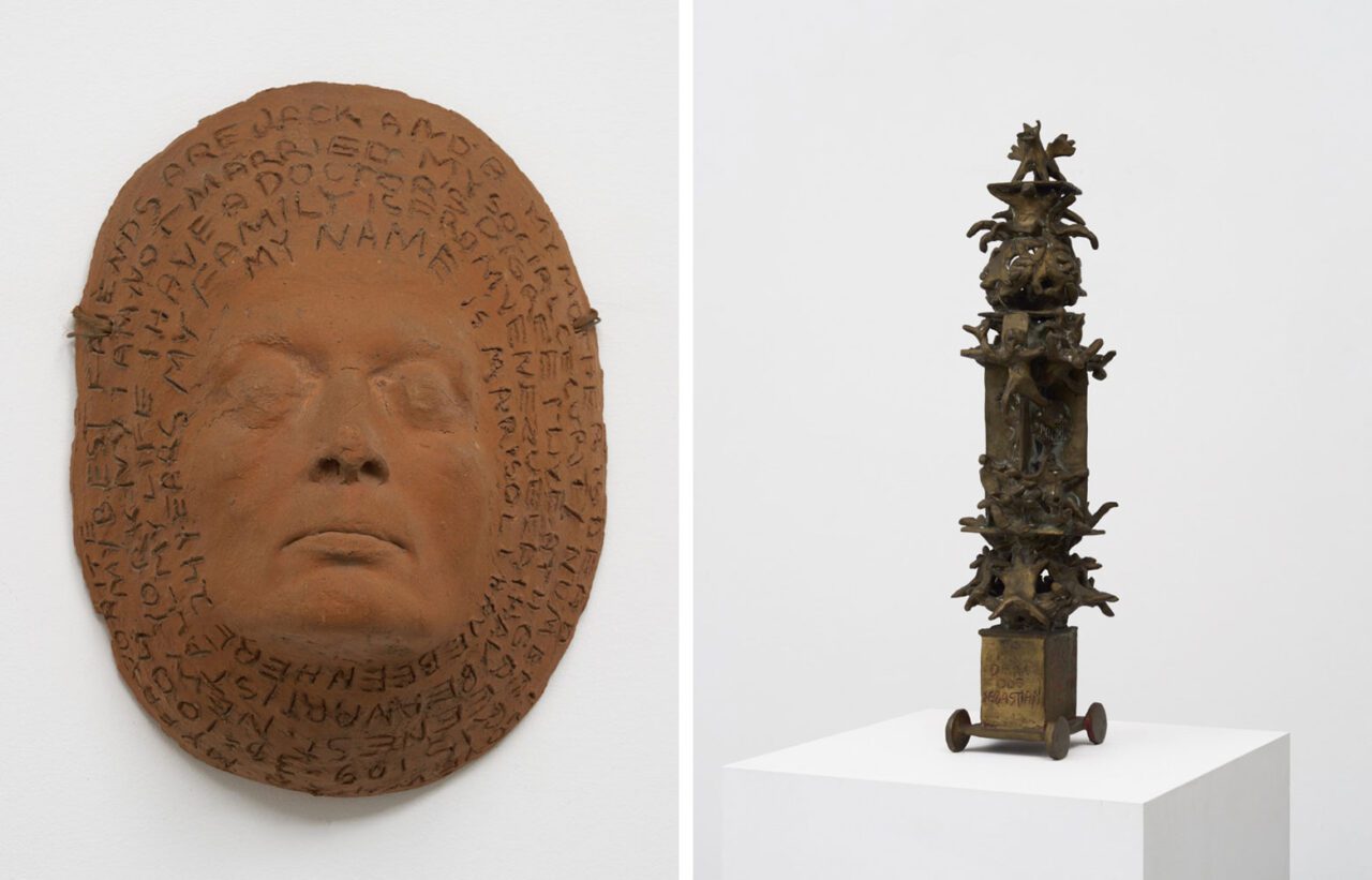 Left: MARISOL, Social Security 1975, Terracotta with rope and wire, 12 × 9 × 5 inches; 31 × 23 × 13 cm, © MARISOL, Courtesy the artist and Matthew Marks GalleryRight: MARISOL, To My Dead Dog Sebastian 1957,Painted bronze, 24½ × 7½ × 6 inches; 62 × 19 × 15 cm, © MARISOL, Courtesy the artist and Matthew Marks Gallery 