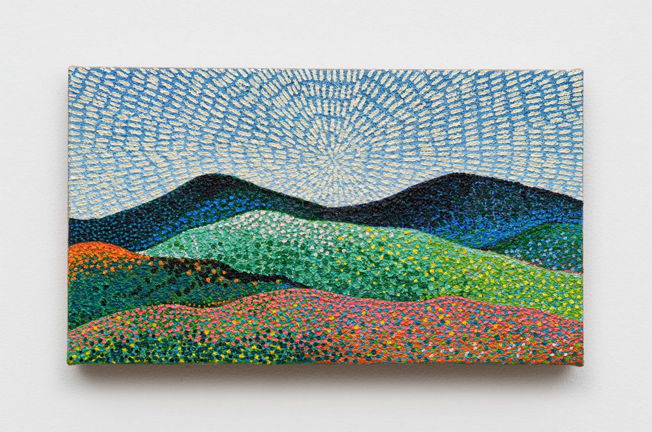 Jennifer Guidi, I awoke to a Picasso blue sky, saw Monet painting in Malibu and walked with Emerson for hours through hills talking, speaking softly of nature’s sweet embrace, 2025, oil and sand on linen, 6 x 10 1/2 x 1 1/8 inches (15.2 x 26.7 x 2.9 cm), © Jennifer Guidi, Courtesy the artist and David Kordansky Gallery