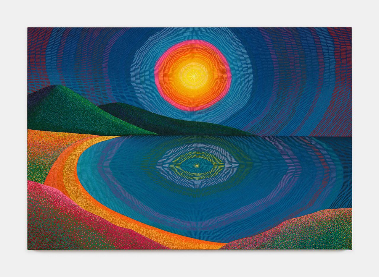 Jennifer Guidi, Dear moon, guardian of the night, you fill my heart with hope and delight, this lunar exchange where energies meet, at the eightfold horizon, on the path which I seek, 2025, oil and sand on linen, 48 1/4 x 70 1/4 x 1 5/8 inches (122.6 x 178.4 x 4.1 cm), © Jennifer Guidi, Courtesy the artist and David Kordansky Gallery