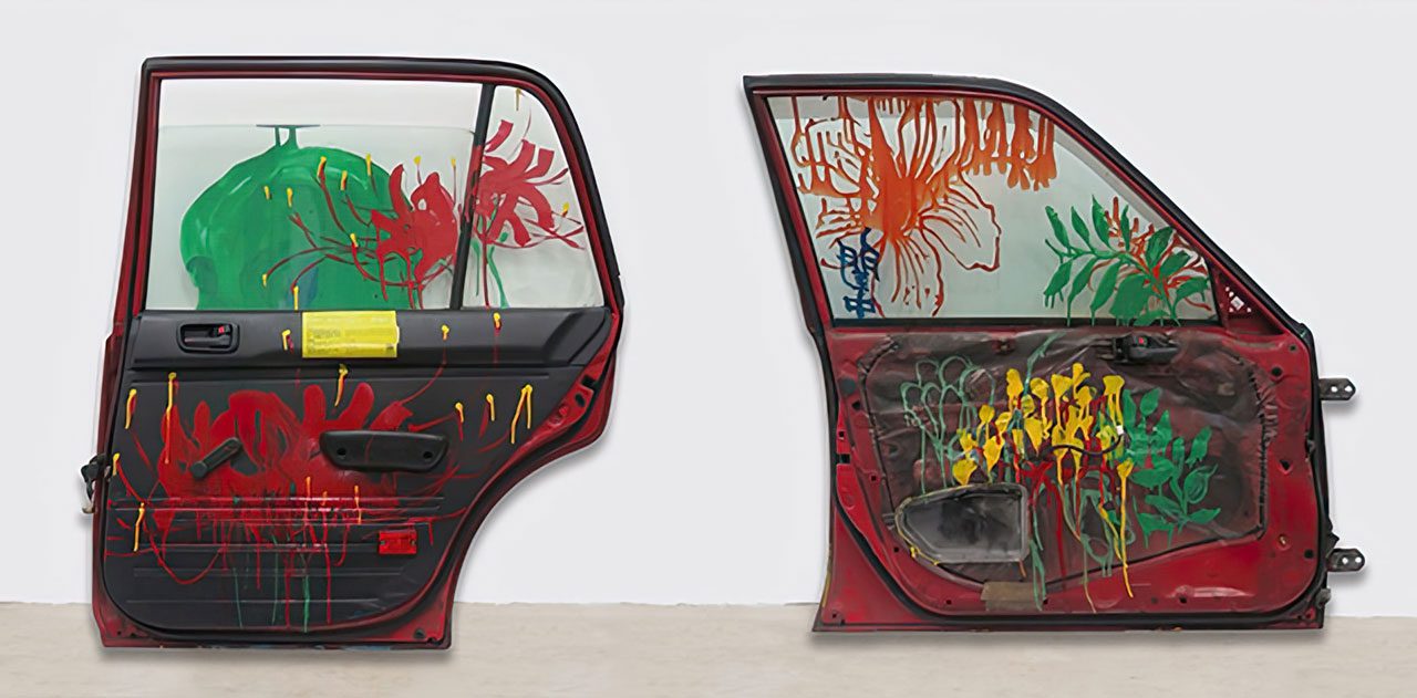Kongkee, Left: BE A BETTER PERSON, 2018, Right: NEVER BE REGRETTED, 2018, Enamel paint, acrylic paint on readymade taxi door, H114×W120×D17cm, H112×W107×D17cm, set of two, collection of the artist, © KongkeeImage courtesy of the artist, gdm & 21st Century Museum of Contemporary Art Kanazawa 
