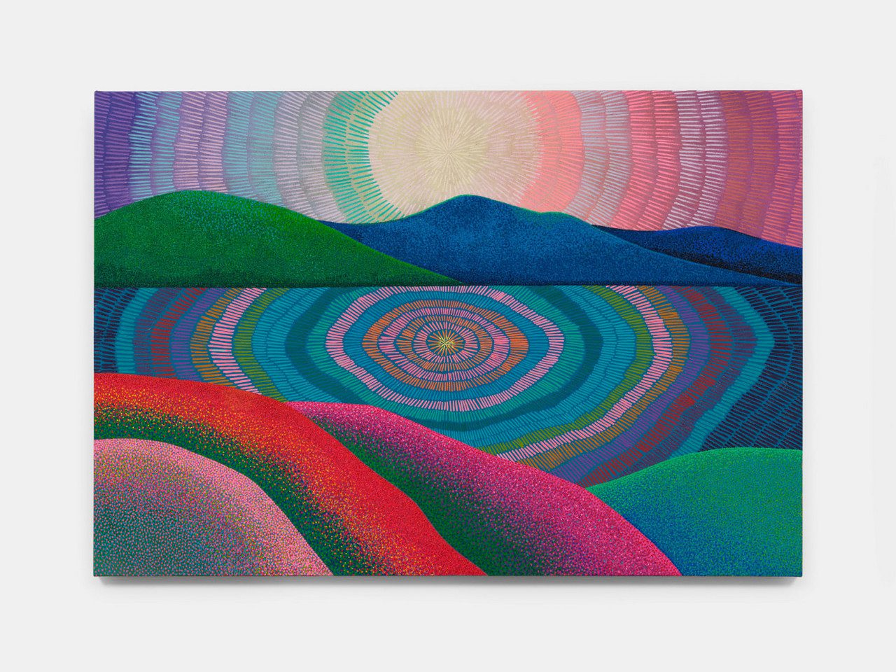 Jennifer Guidi, Dear moon, guardian of the night, you fill my heart with hope and delight, this lunar exchange where energies meet, at the eightfold horizon, on the path which I seek, 2025, oil and sand on linen, 48 1/4 x 70 1/4 x 1 5/8 inches (122.6 x 178.4 x 4.1 cm), © Jennifer Guidi, Courtesy the artist and David Kordansky Gallery