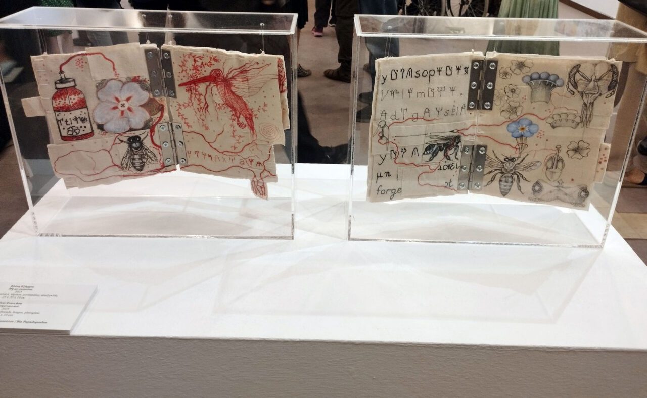 Eleni Exarchou. Forget-me-not, 2025, Drawing, canvas, ink, threads, hinges, plexiglass, 25 x 30 x 10 cm, ©) Eleni Exarchou, Photo: Valia Katsimpa