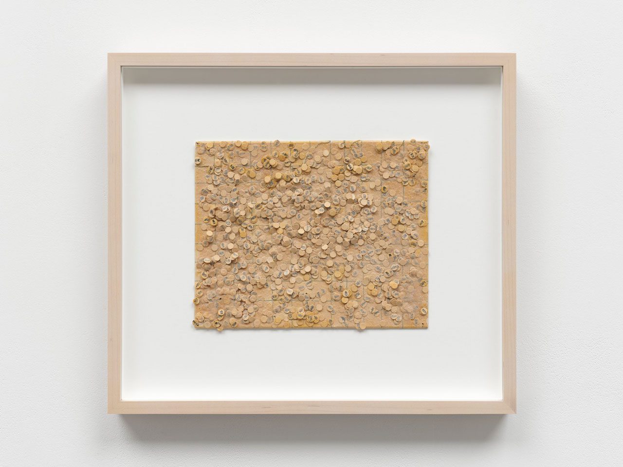 Howardena Pindell, Untitled (Talcum Powder), 1973, Ink, hole-punched paper, thread, rubber cement and talcum powder on board, 19.1 x 23.5 cm | 7 1/2 x 9 1/4 in, 36.1 x 40.9 x 3.8 cm | 14 3/16 x 16 1/8 x 1 1/2 in. (framed), © Howardena Pindell, Courtesy the artist and White Cube Gallery
