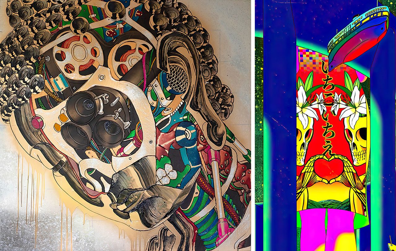 Left: Kongkee, Dew & Lightning, 2025, Mixed media on galvanized iron board, H107×W107×D2.5cm, private collection, © Kongkee, Courtesy of the artist, gdm., © Kongkee & 21st Century Museum of Contemporary Art Kanazawa Right: Kongkee, Once in a Lifetime, 2025, Video, Dimensions variable, © Kongkee, Courtesy the artist & 21st Century Museum of Contemporary Art Kanazawa