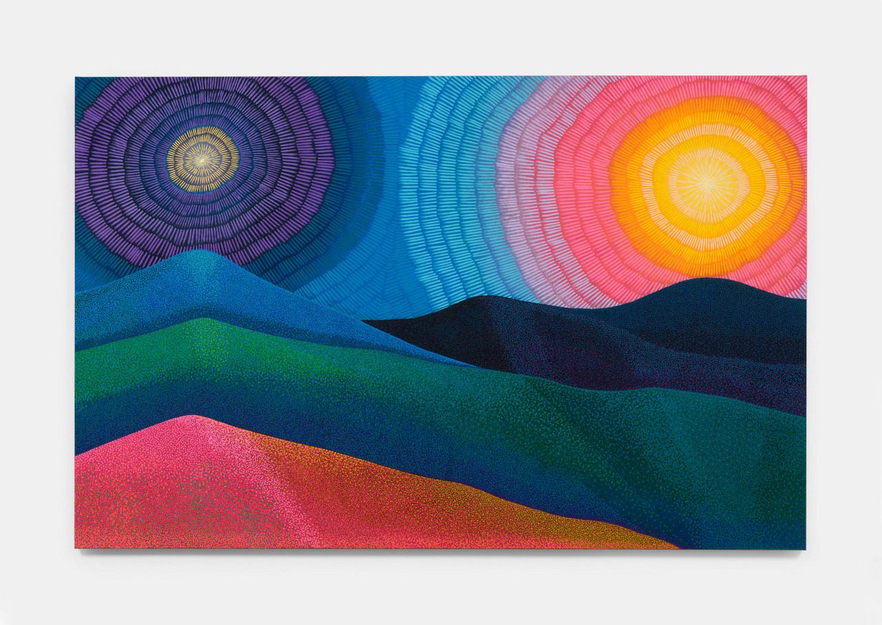 Jennifer Guidi, I am the mirror, you are the light, reflective and active energies unite, with balance and harmony we reign over day and night, spreading our love with cosmic delight, 2025, oil and sand on linen, 62 1/4 x 96 1/4 x 1 5/8 inches (158.1 x 244.5 x 4.1 cm), © Jennifer Guidi, Courtesy the artist and David Kordansky Gallery