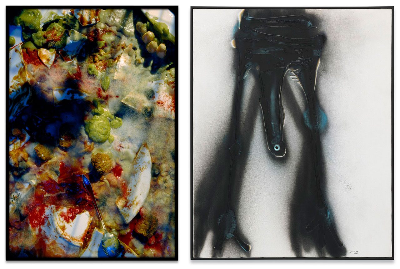 Left: Cindy Sherman, Untitled #182, 1987, Chromogenic color print, 227.3 × 151.1 cm | 89 1/2 × 59 1/2 inches, © Cindy Sherman, Courtesy the artist and Sprüth Magers GalleryRight: Carol Rama, Autorattristatrice, 1969, Glass eye, spray paint and mixed media on canvas, 100 × 80 cm | 39 3/8 × 31 1/2 inches, © Carol Rama, Courtesy the artist and Sprüth Magers Gallery 
