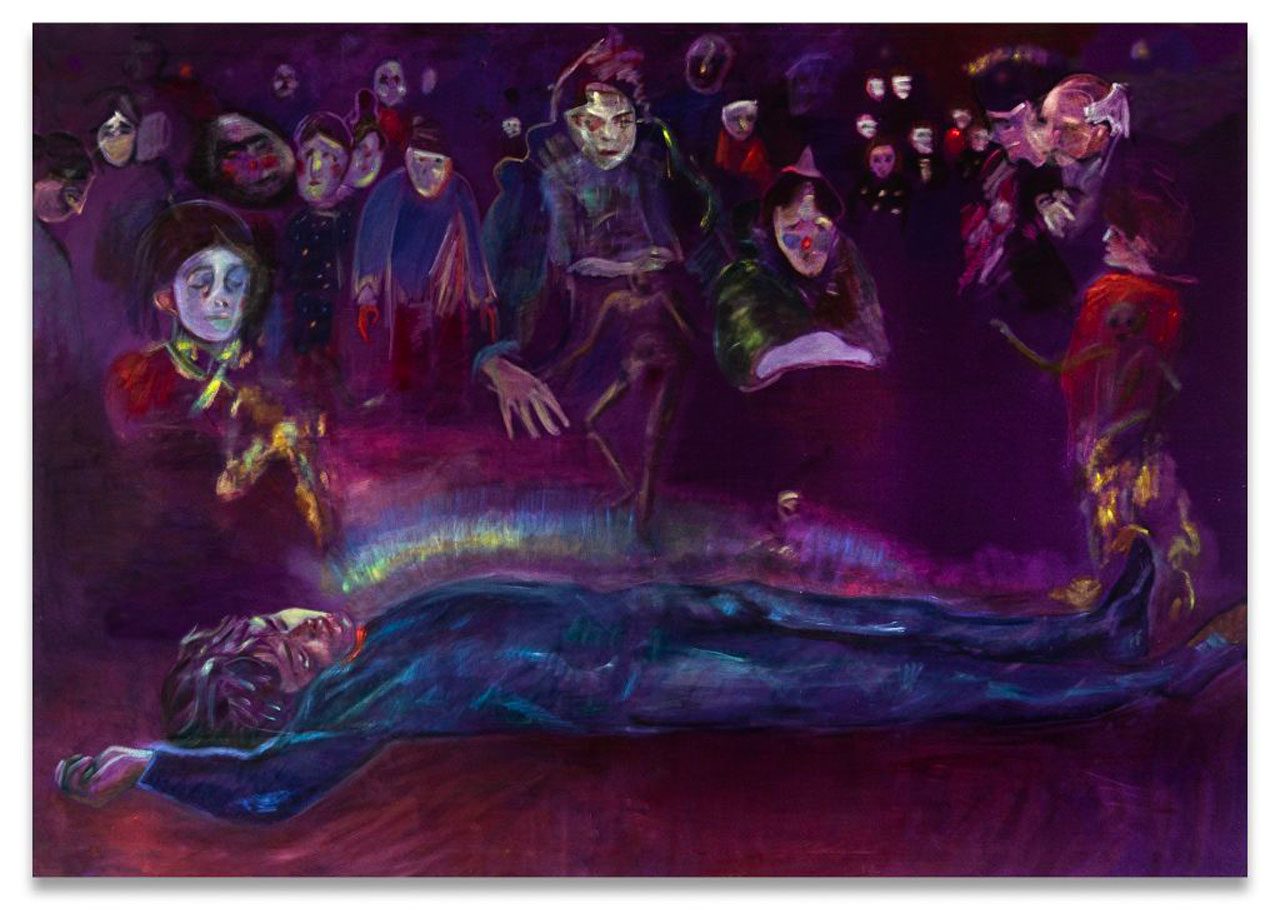 Jill Mulleady, Malodor, 2025, Oil on velvet, 142 × 200 cm | 55 7/8 × 78 3/4 inches, © Jill Mulleady, Courtesy the artist and Sprüth Magers Gallery