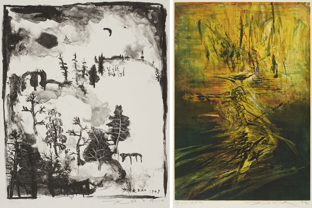 Left: Zao Wou-Ki, Landscape with Crescent, 1949, lithograph, M+, Hong Kong. Gift of Françoise Marquet-Zao, 2024, Zao Wou-Ki © ProLitteris, Zurich, 2025, Image courtesy of M+, Hong Kong Right: Zao Wou-Ki, Untitled, 1963, etching and aquatint, M+, Hong Kong. Gift of Françoise Marquet-Zao, 2024, Zao Wou-Ki © ProLitteris, Zurich, 2025, Image courtesy of M+, Hong Kong