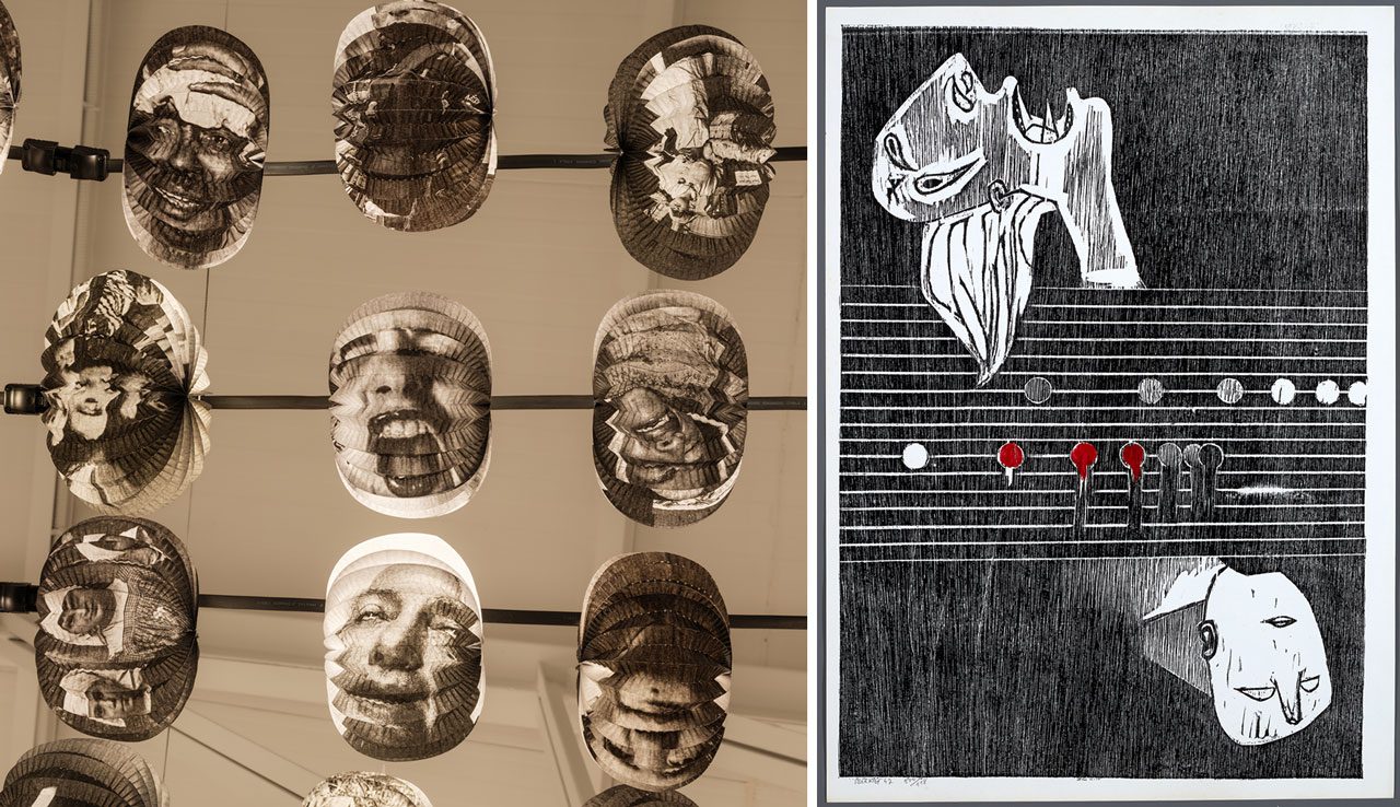 Left: Carlos Aires, BLIND, 2025. Installation view Sabrina Amrani’s Gallery, Madrid, 2025. Courtesy of Sabrina Amrani gallery & Carlos Aires Studio. © Juan Carlos Quindós, SABAM Belgium 2025Right: Augustin Ibarralo, Paisajes de Euskadi series, ca. 1970-1979. Museo Nacional Centro de Arte Reina Sofía 