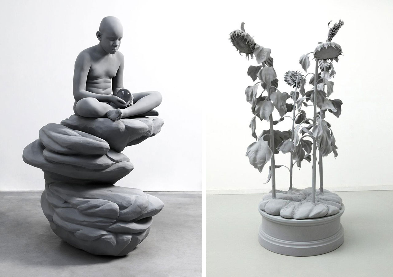 Left: Hans Op de Beeck, Brian (rock), 2020, polyester, glass, coating, 3/3 (Ed. 3 + 2 AP), 150 x 94 x 68 cm cm, © Hans Op de Beeck, Courtesy the artist and Galerie Krinzinger Right: Hans Op de Beeck, Sunflowers, 2025 , wood, polyester, metal, polyamide, coating , 1/3 (Ed. 3 + 2 AP), 208 x 77 x 77 cm, © Hans Op de Beeck, Courtesy the artist and Galerie Krinzinger