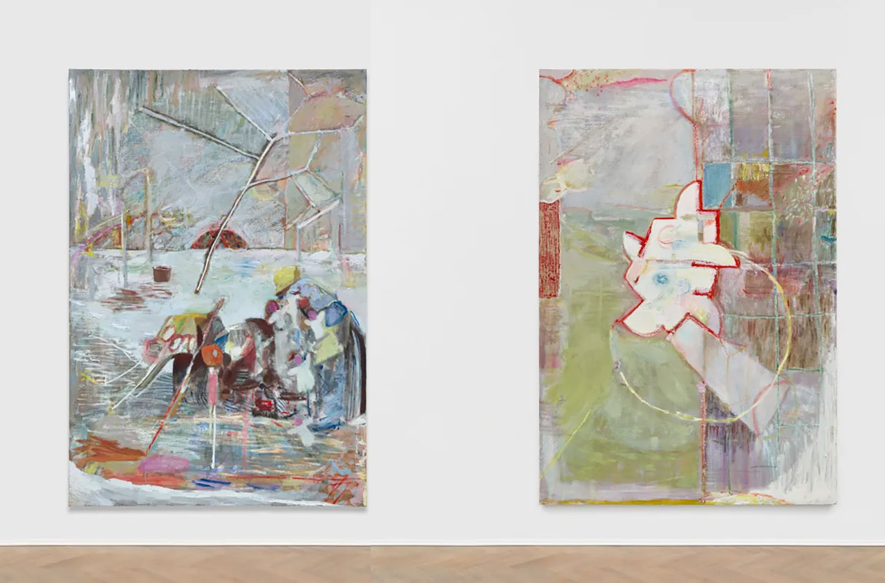 Left: Gabriella Boyd, Gleaners (Millet), 2024-2025, Oil on linen, 220 x 150 cm | 86 5/8 x 59 in, © Gabriella Boyd, Courtesy the artist and Grimm Galley Right: Gabriella Boyd, Heart (v), 2024-2025, Oil on linen, 220 x 150 cm | 86 5/8 x 59 in, © Gabriella Boyd, Courtesy the artist and Grimm Galley