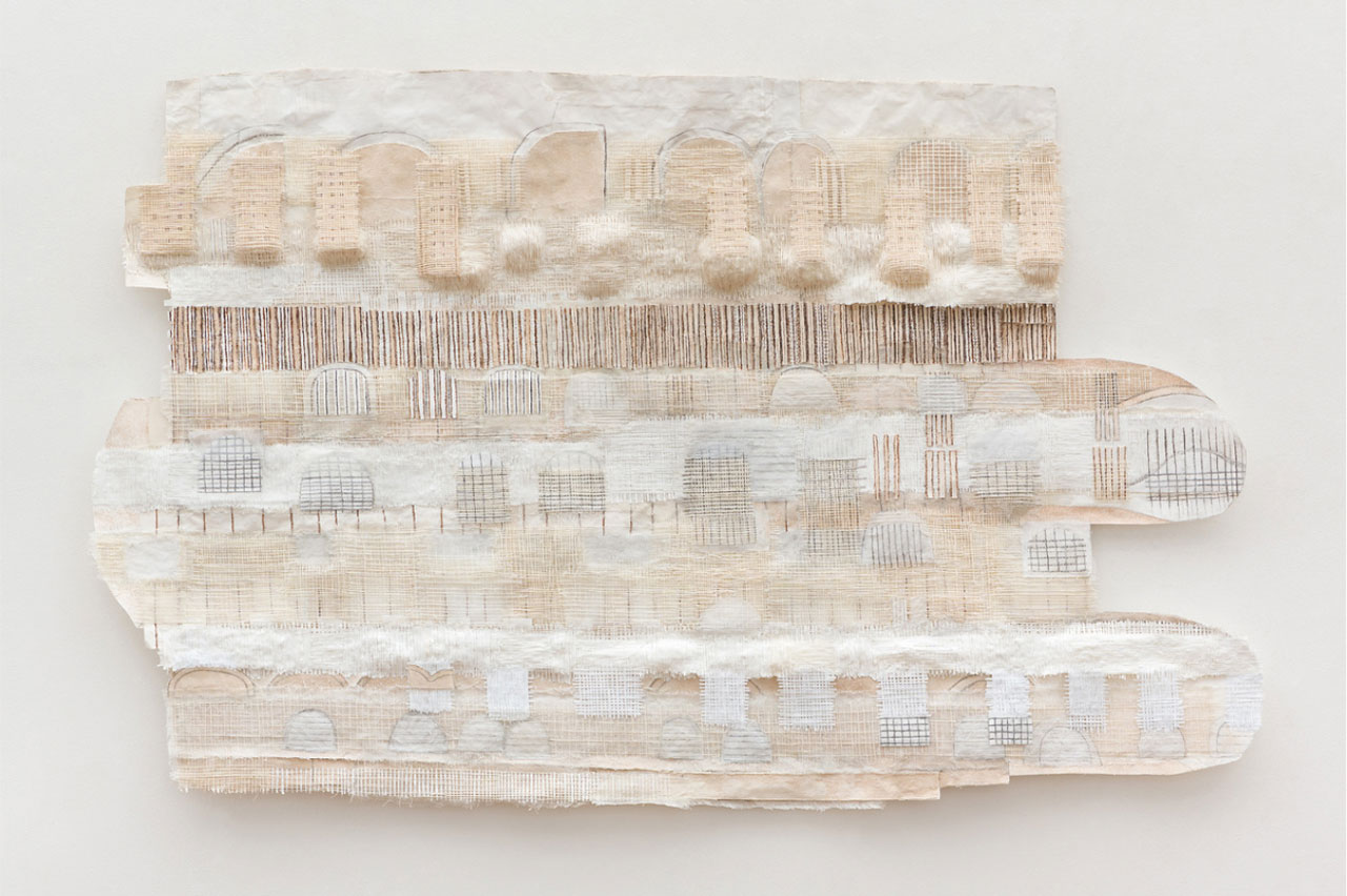 Drew Shiflett, Untitled #100, 2025, Watercolor, graphite, canvas, canvas threads, cheesecloth, handmade paper, 32 × 50 1/4 × 1 1/4 in | 81.3 × 127.6 × 3.2 cm, © Drew Shiflett, Courtesy the artist and McKenzie Fine Art