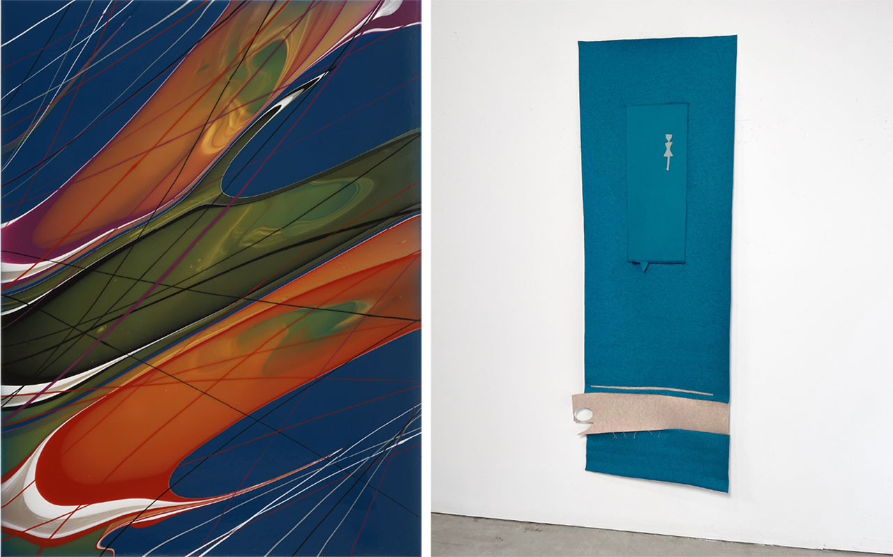 Left: James Lecce, Emergence from Blue, 2024, Acrylic polymer emulsion on canvas on panel, 40 × 30 in | 101.6 × 76.2 cm, © James Lecce, Courtesy the artist and McKenzie Fine Art Right: Cyrilla Mozenter, water-fall, 2024, Industrial wool felt hand-stitched with silk thread, 72 × 27 1/2 in | 182.9 × 69.9 cm, ©Cyrilla Mozenter, Courtesy the artist and McKenzie Fine Art