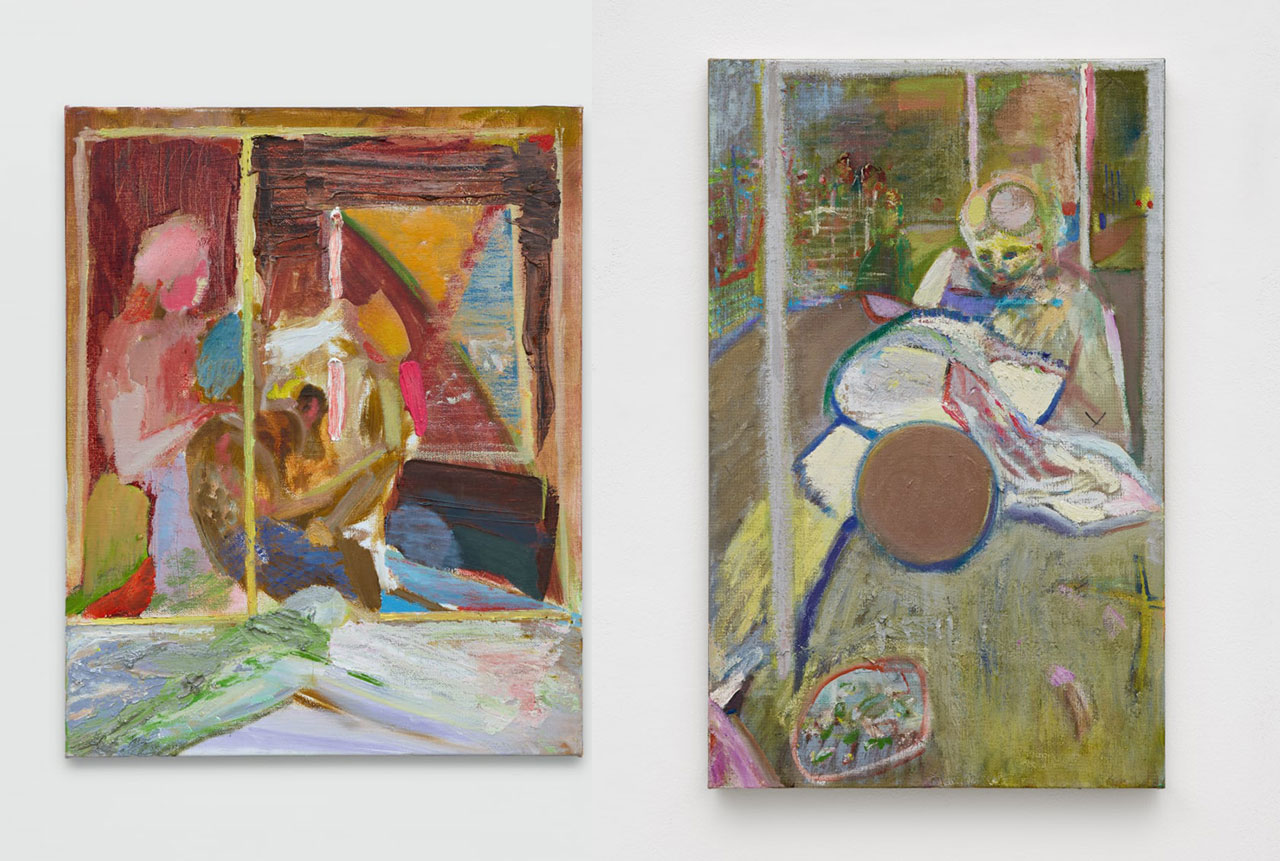 Left: Gabriella Boyd, Time keeper, 2024-2025, Oil on linen, 50 x 40 cm | 19 3/4 x 15 3/4 in, © Gabriella Boyd, Courtesy the artist and Grimm Galley Right: Gabriella Boyd, Body Plate, 2024-2025, Oil on linen, 80 x 50 cm | 31 1/2 x 19 3/4 in, © Gabriella Boyd, Courtesy the artist and Grimm Galley