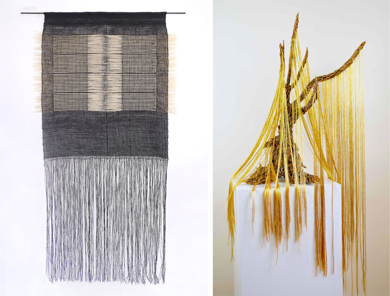 Left: Alexandra Kohl, Black and White Weaving, 2025, Linen, horse hair, and metal rod, 40 × 22 in | 101.6 × 55.9 cm, © Alexandra Kohl, Courtesy the artist and McKenzie Fine Art Right: Dana Melamed, Golden Willow - In the Heart of Fire, Sanctuary Blooms, 2024, Carved pyro-colored Chola cactus and gold threads, 31 1/2 × 14 × 20 in | 80 × 35.6 × 50.8 cm, © Dana Melamed, Courtesy the artist and McKenzie Fine Art