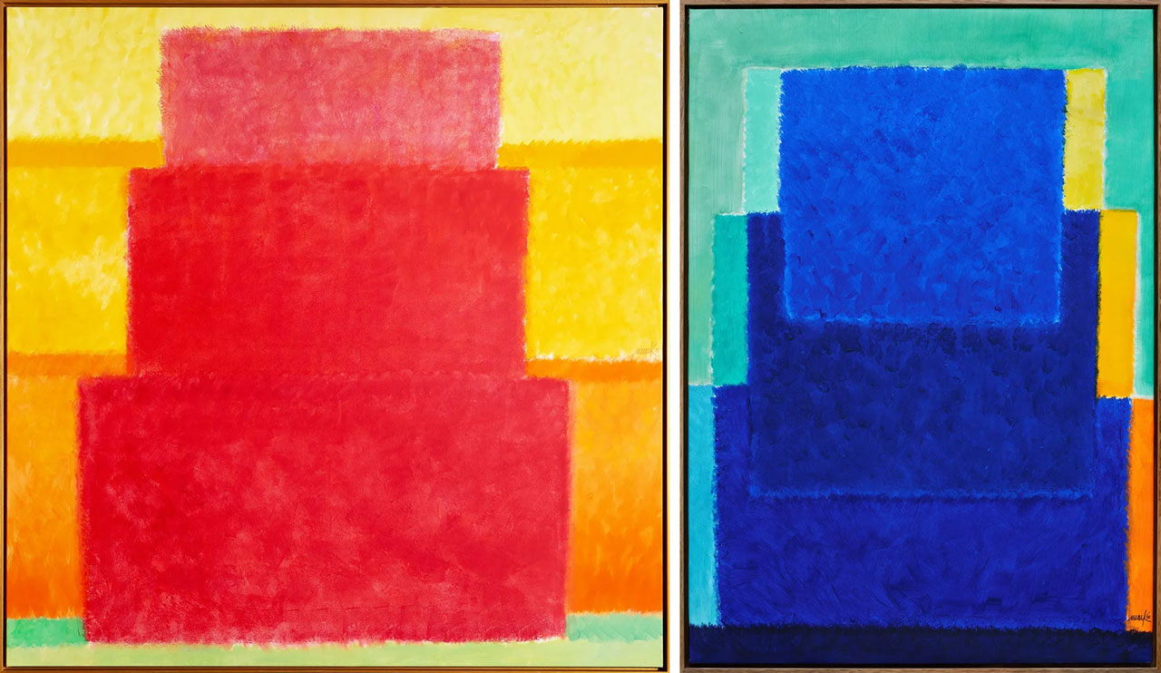 Left: Heinz Mack, Untitled (Chromatic Constellation), 2021, Acrylic on canvas, 208.5 x 209 cm, 82 x 82 1/2 in Right: Heinz Mack, Untitled (Chromatic Constellation), 2016, Acrylic on canvas, 140.5 x 100 cm, 55 1/2 x 39 1/2 in