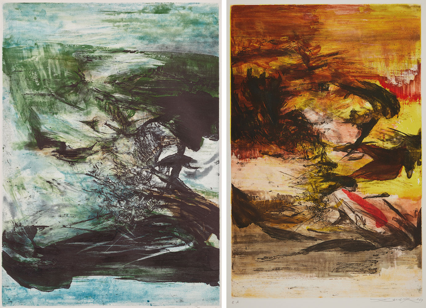 Left: Zao Wou-Ki, Untitled, 1969, lithograph, M+, Hong Kong. Gift of Françoise Marquet-Zao, 2024, Zao Wou-Ki © ProLitteris, Zurich, 2025, Image courtesy of M+, Hong KongRight: Zao Wou-Ki , Untitled, 1969, etching and aquatint, M+, Hong Kong. Gift of Françoise Marquet-Zao, 2024, Zao Wou-Ki © ProLitteris, Zurich, 2025, Image courtesy of M+, Hong Kong 