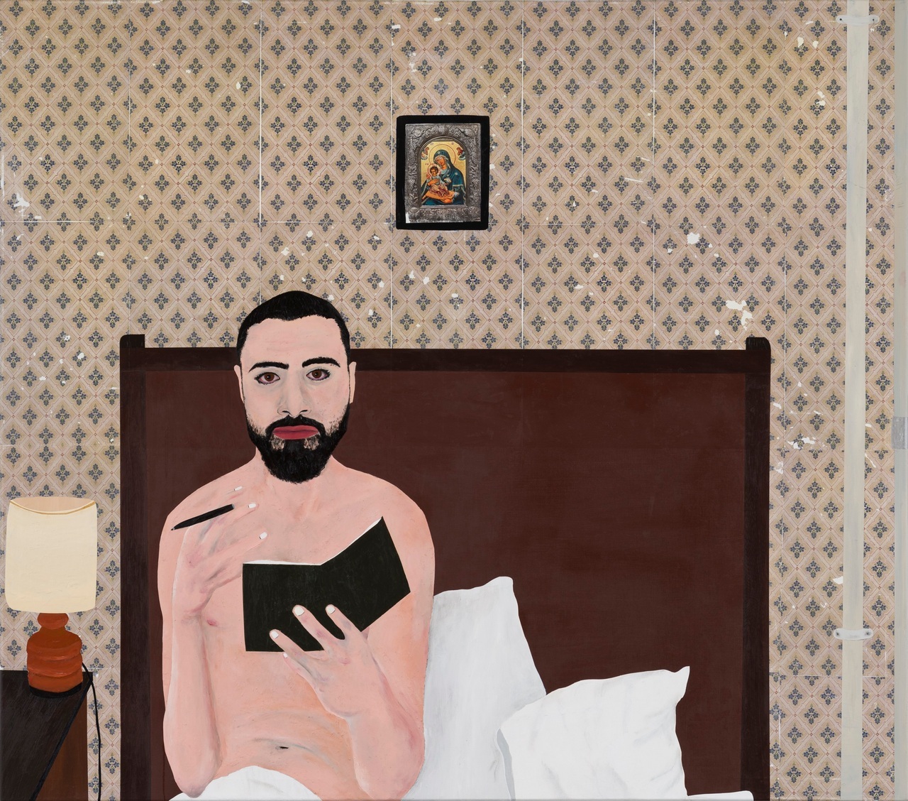 Kiriakos Tompolidis, Journaling, 2024. Acrylic, oil, and photo transfer on canvas, 150 x 170 cm, 153,3 x 173,3 x 4 cm (framed). Courtesy of the artist and Galerie Judin, Berlin, Photo: Trevor Good