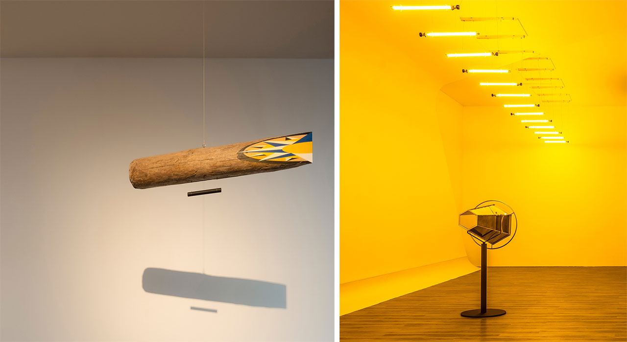 Left: Olafur Eliasson, Adrift compass, 2019, Driftwood, magnets, paint (blue, black, yellow, white, 38 x 134 x 24 cm, Courtesy of Olafur Eliasson; neugerriemschneider, Berlin; Tanya Bonakdar Gallery, New York Right: Olafur Eliasson, Yellow corridor, 1997, Monofrequency lamps, Dimensions variable, Collection of The Juan & Patricia Vergez, Buenos Aires
