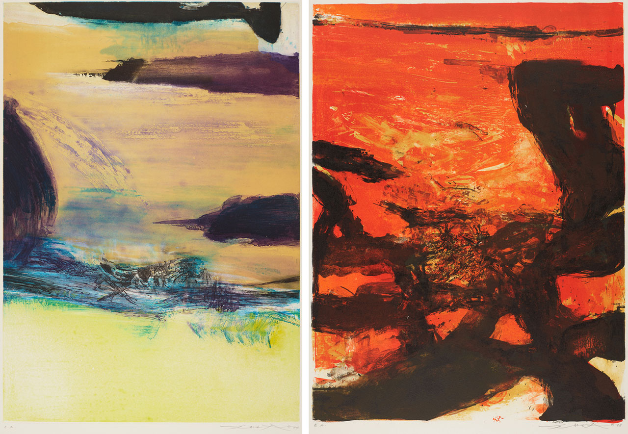 Left: Zao Wou-Ki , Untitled, 1974, etching and aquatint, M+, Hong Kong. Gift of Françoise Marquet-Zao, 2024, Zao Wou-Ki © ProLitteris, Zurich, 2025, Image courtesy of M+, Hong Kong Right: Zao Wou-Ki, Untitled, 1978, Lithograph, M+, Hong Kong. Gift of Françoise Marquet-Zao, 2024, Zao Wou-Ki © ProLitteris, Zurich, 2025 Image courtesy of M+, Hong Kong