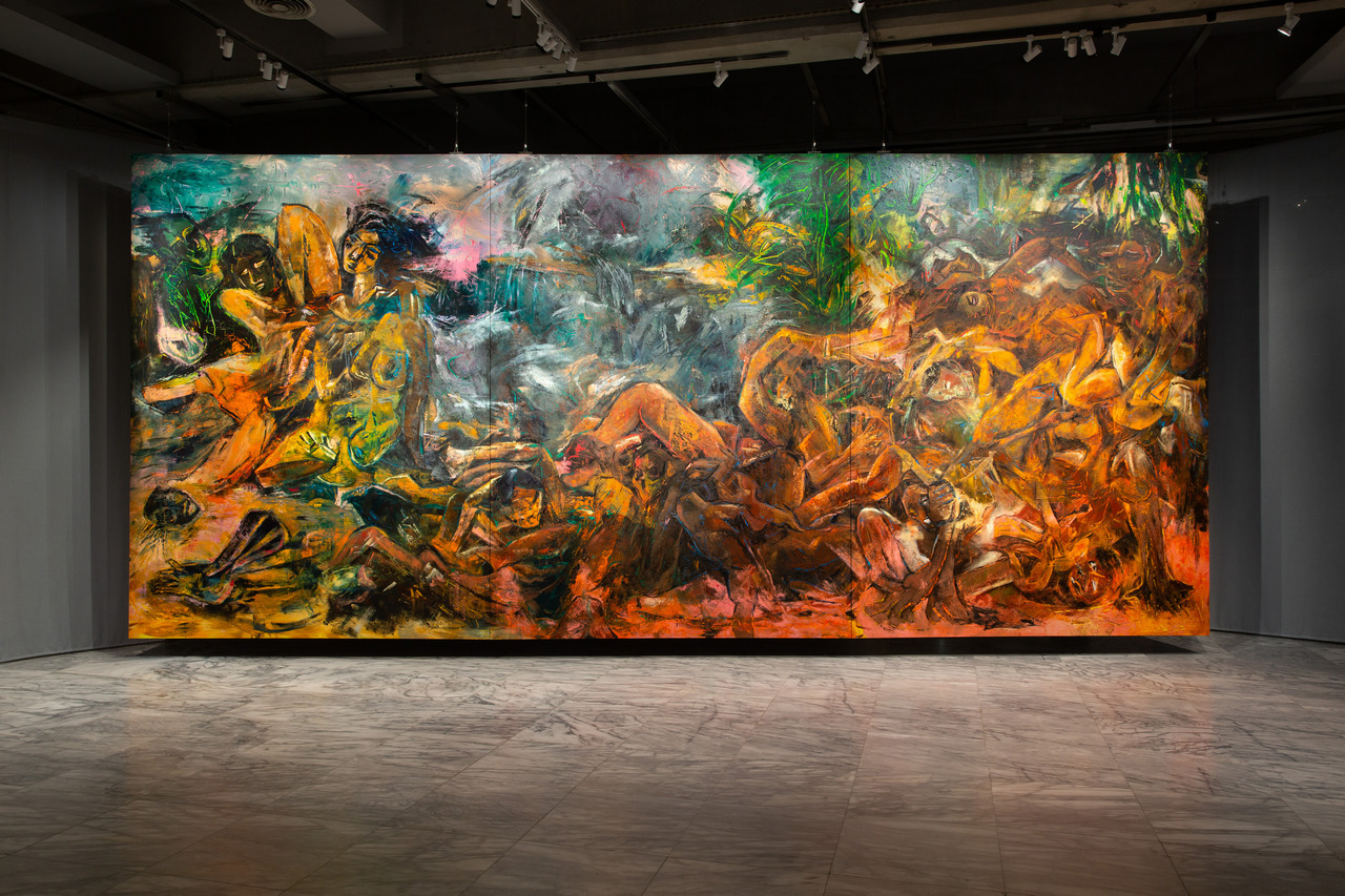 Christopher Kulendran Thomas, ft-ckt-Mullivaikkal-0017:st-20-cfg-7.5-seed-0088045765-xy-01-01.png, st-20-cfg-7.5-seed-1436179468-xy-02-01.png, st-20-cfg-7.5-seed-8188555546-xy-03-01.png, 2024, Acrylic on canvas, 350 x 777 x 4 cm, Courtesy of the artist, Collection Hartwig Art Foundation, Promised gift to the Rijksdienst voor het Cultureel Erfgoed /Rijkscollectie. Image Courtesy of Taipei Fine Arts Museum