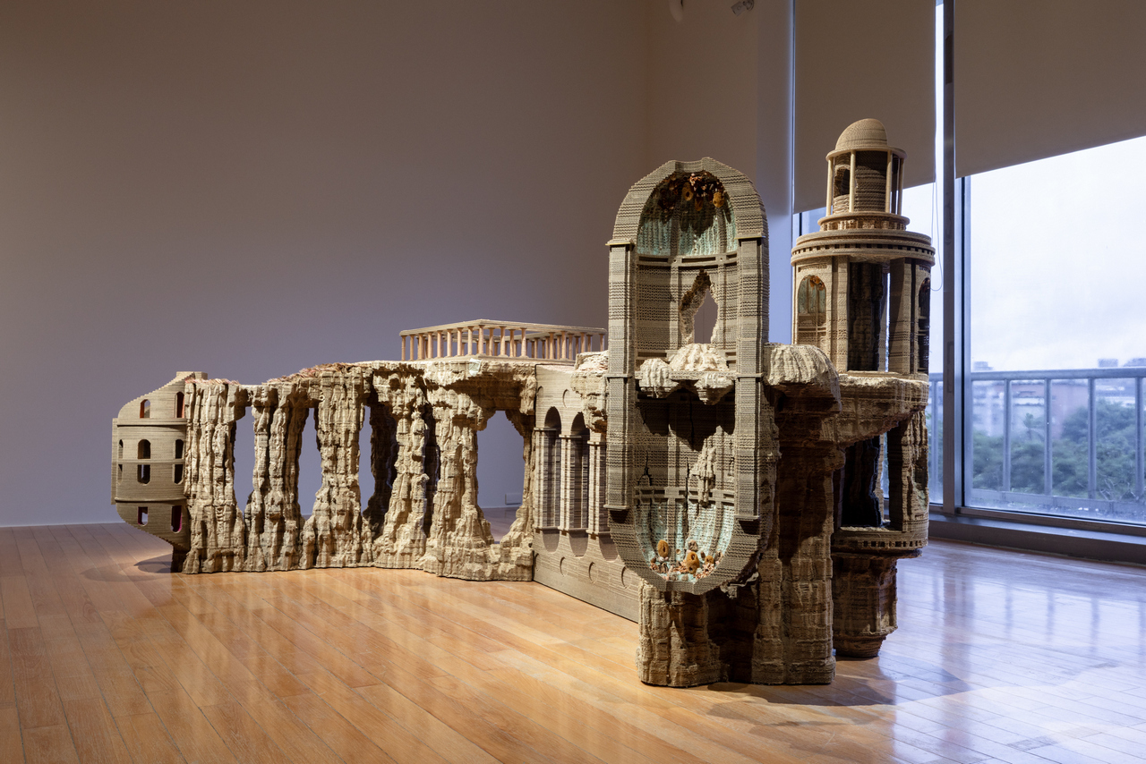 Eva Jospin, Ici, 2025, Wood, cardboard, brass, colored paper, various materials, 148 × 320 × 206 cm, Courtesy of the artist. Image Courtesy of Taipei Fine Arts Museum, photo by Lu Guo-Way