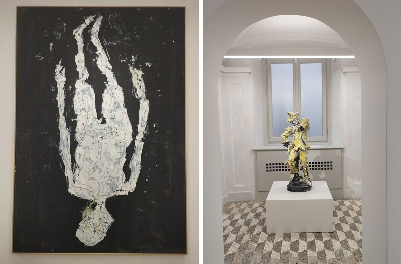 Left: Georg Baselitz. Arrivato e passo, Signora Kraut (2019) Oil on canvas. 304 x 212 x 5.5 cm. Photo © & Courtesy Valia KatsimpaRight: Lucio Fontana. Arlecchino (1949) Glazed ceramic 120 cm x 50 cm. Photo © & Courtesy Valia Katsimpa 