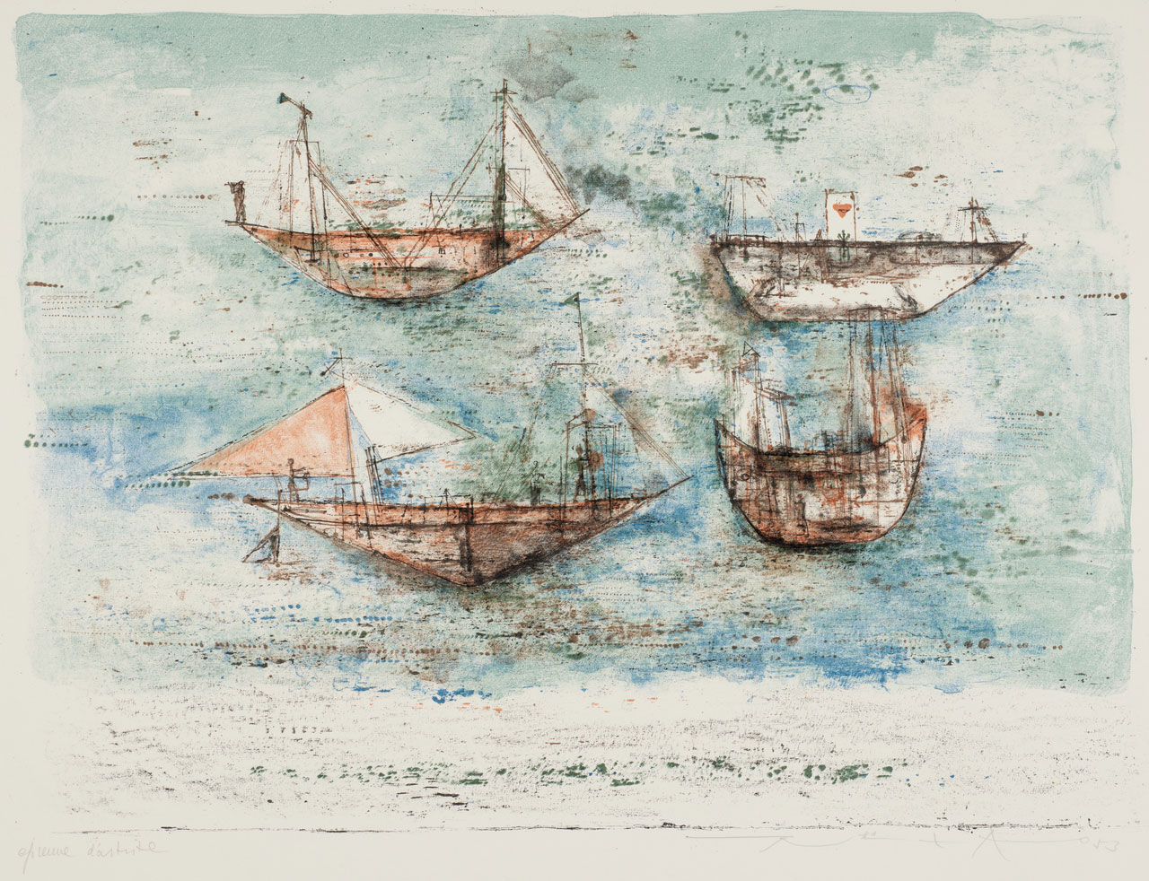 Zao Wou-Ki, Sailing Ships at Sea, 1953, lithograph, M+, Hong Kong. Gift of Françoise Marquet-Zao, 2024, Zao Wou-Ki © ProLitteris, Zurich, 2025, Image courtesy of M+, Hong Kong