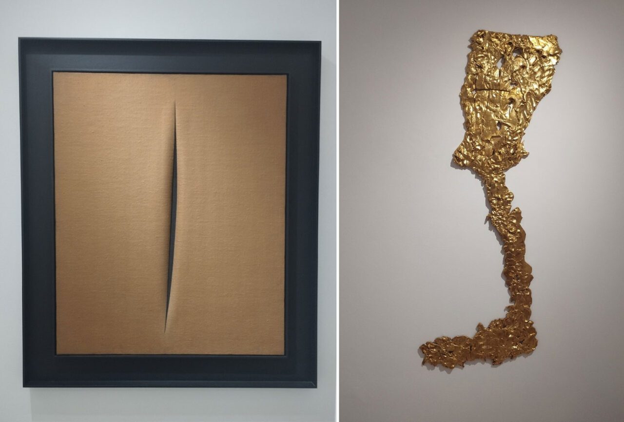 Left: Lucio Fontana. Concetto spaziale, Attesa (1964) Oil on canvas. 73 x 60.3 cm. Photo © & Courtesy Valia KatsimpaRight: Georg Baselitz. Lucios Halbinsel (2020) Bronze fire-gilded. 160.5 x 59.5 x 2.8 cm. Photo © & Courtesy Valia Katsimpa 