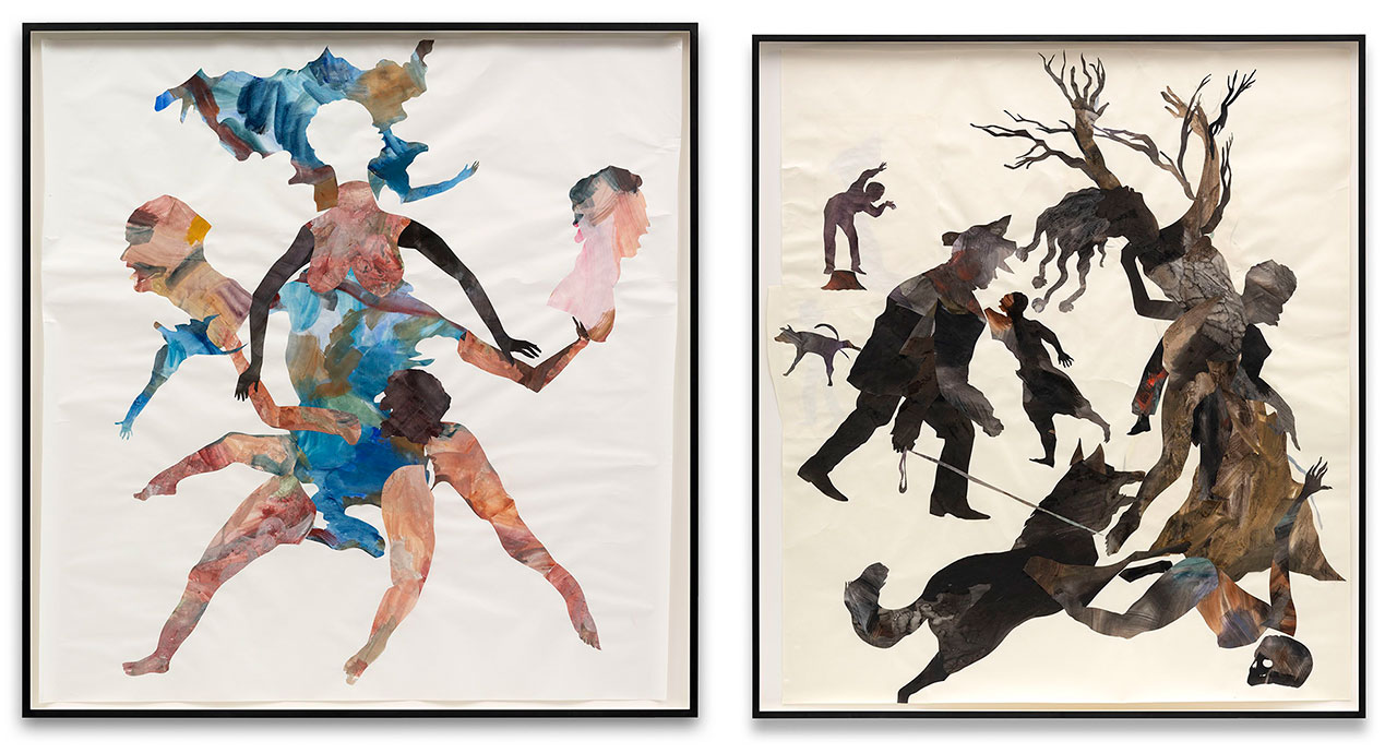 Left: Kara Walker, Cypher of the Old Republick, 2025 Watercolor and sumi-e ink on cut paper on paper, 199.4 x 193.4 cm, 78 5/8 x 76 1/4 inches, 208 x 202 cm (incl frame), 82 x 79 5/8 inches (incl frame), © Kara Walker, Courtesy the artist and Sprüth Magers Gallery Right: Kara Walker, Daphne Appealing, 2025, Watercolor and sumi-e ink on cut paper on paper, 228.6 × 205.7 cm | 90 × 81 inches, 238.5 × 214 cm | 94 × 84 1/4 inches (framed), © Kara Walker, Courtesy the artist and Sprüth Magers Gallery