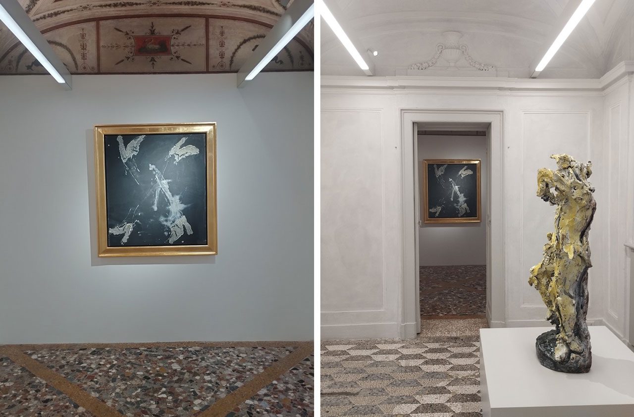 Left: Georg Baselitz. Aurora viene (2015) Oil on canvas, 117.4 x 107.2 x 7 cm. Photo © & Courtesy Valia KatsimpaRight: Installatinon view, Georg Baselitz & Lucio Fontana: L’aurora viene, Thaddaeus Ropac Milan, 2025. Photo © & Courtesy Valia Katsimpa 