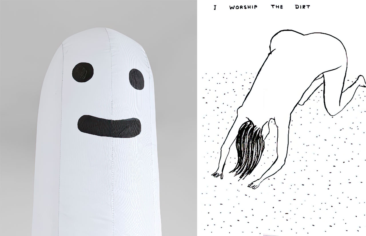 Left: David Shrigley, Swan Thing (detail) Right: David Shrigley, I worship the dirt, 2025