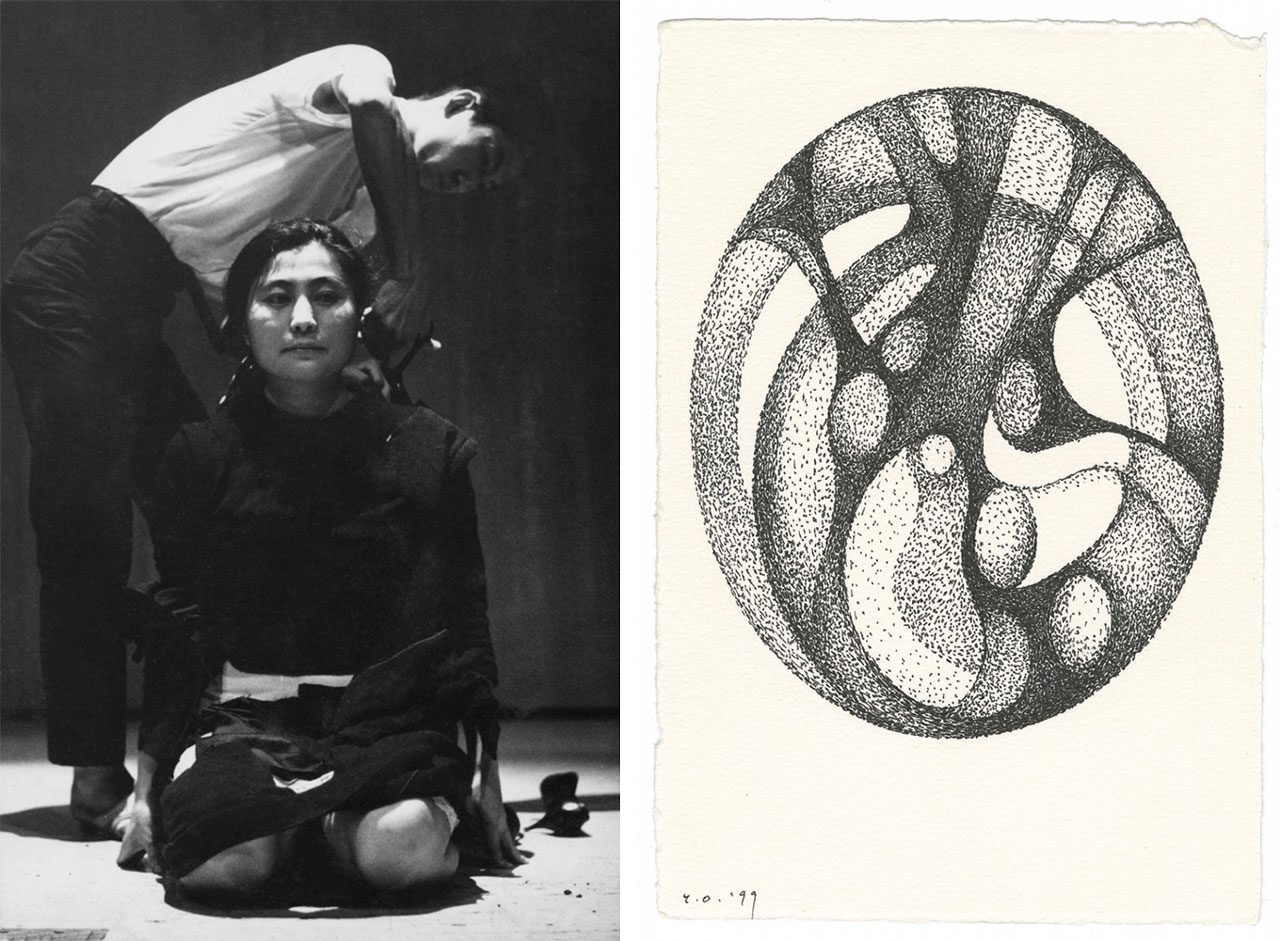 Left: Yoko Ono, CUT PIECE, 1964, 16mm B/W film and stereo sound, transferred to video, Performed by Yoko Ono in New Works of Yoko Ono, Carnegie Recital Hall, New York, March 21, 1965, Filmed by David and Albert Maysles Duration: 8’ 27”, © Yoko Ono, Courtesy the artist and MUSAC (Museo de Arte Contemporaneo de Castilla y Leon)Right: Yoko Ono, FRANKLIN SUMMER, 1994-2006 36 ink on paper drawings, 40 x 27.9 each, © Yoko Ono, Courtesy the artist and MUSAC (Museo de Arte Contemporaneo de Castilla y Leon) 