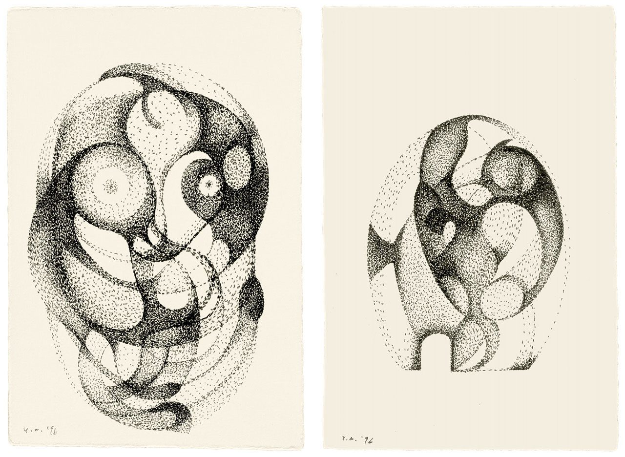 Left & Right: Yoko Ono, FRANKLIN SUMMER, 1994-2006 36 ink on paper drawings, 40 x 27.9 each, © Yoko Ono, Courtesy the artist and MUSAC (Museo de Arte Contemporaneo de Castilla y Leon)