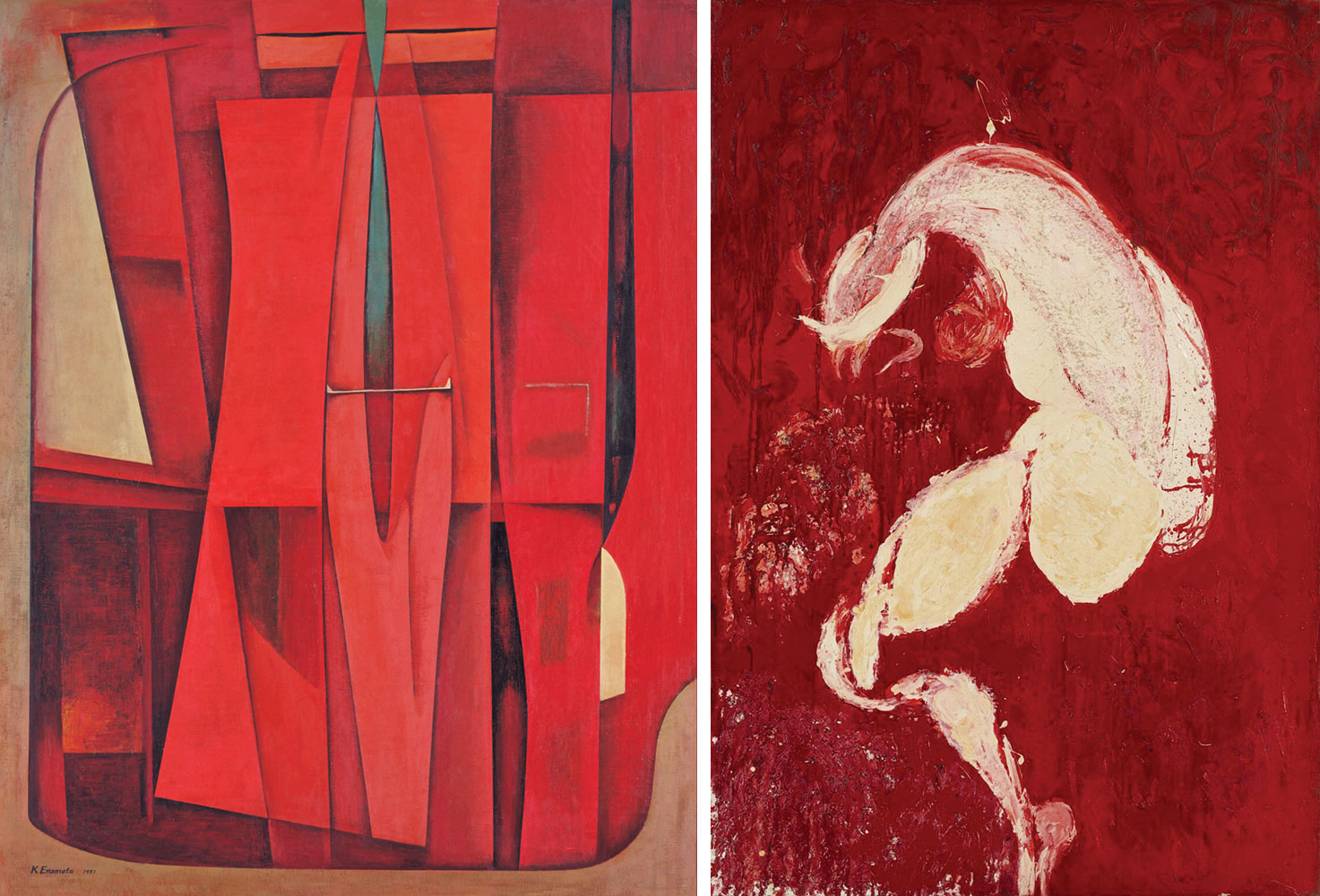 Left: Enomoto Kazuko, Section (I), 1951, Oil on canvas, 116.5×91.0 cm, Itabashi Art Museum Right: Mori Mami, Nude (B), 1957, Oil on canvas, 130.0×89.0 cm, The National Museum of Modern Art, Tokyo